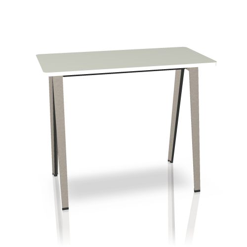 B-Free Stehtisch von Steelcase mit weißer Tischplatte und grauem Stahlfuß auf weißem Hintergrund.