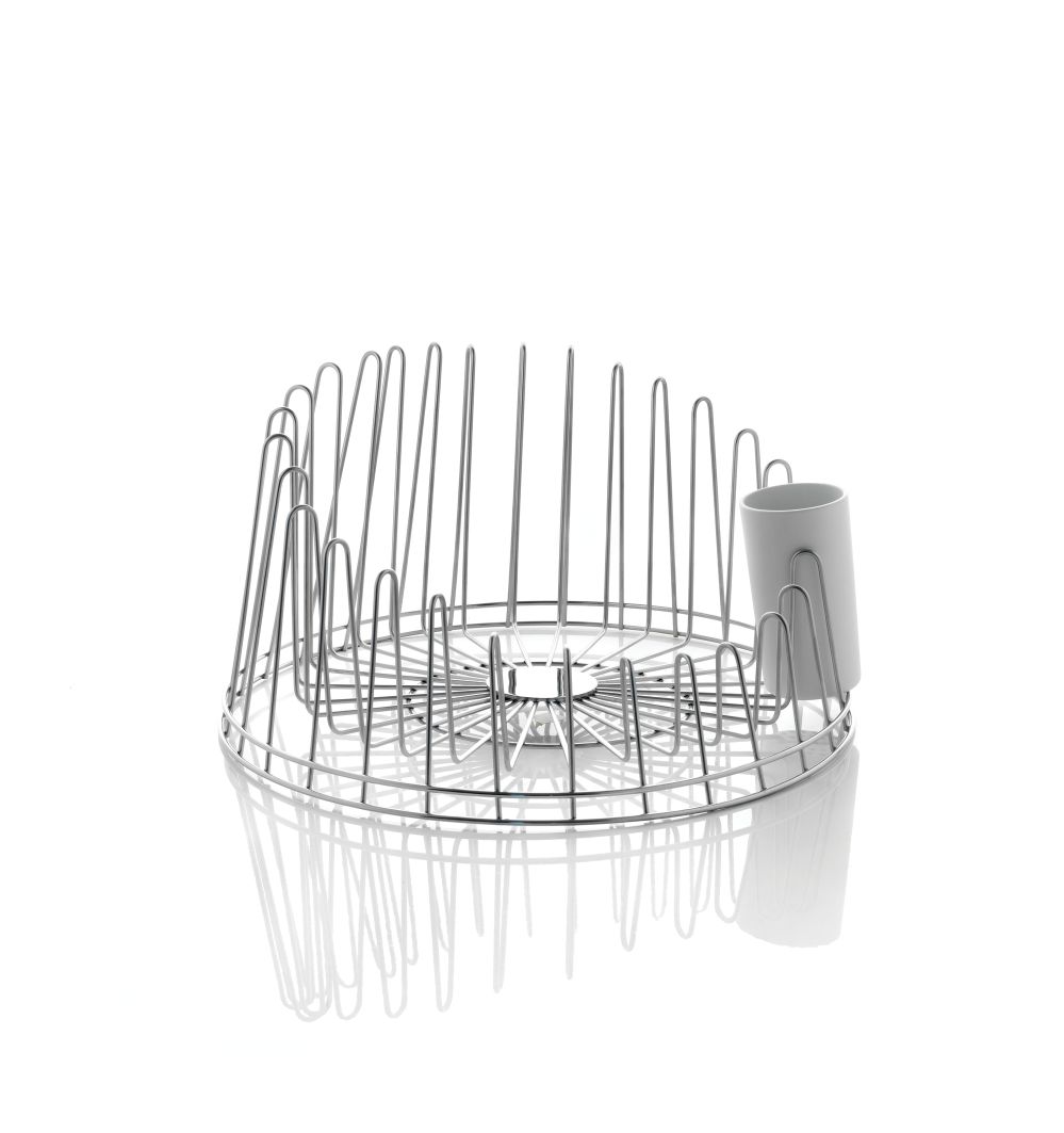 Alessi A Tempo Geschirrabtropfer aus verchromtem Stahl mit Abtropfgestell und Besteckhalter für die Küche.