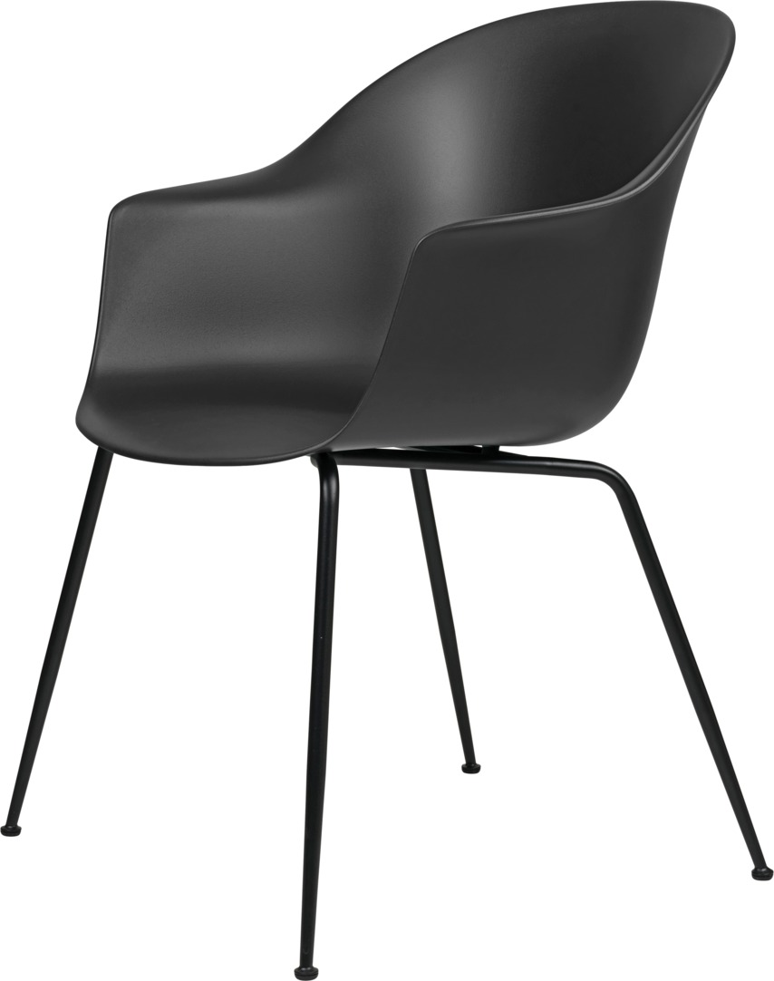 Schwarzer Bat Chair Esszimmerstuhl von Gubi mit Armlehnen und filigranem, schwarzen Metallgestell für Indoor und Outdoor.