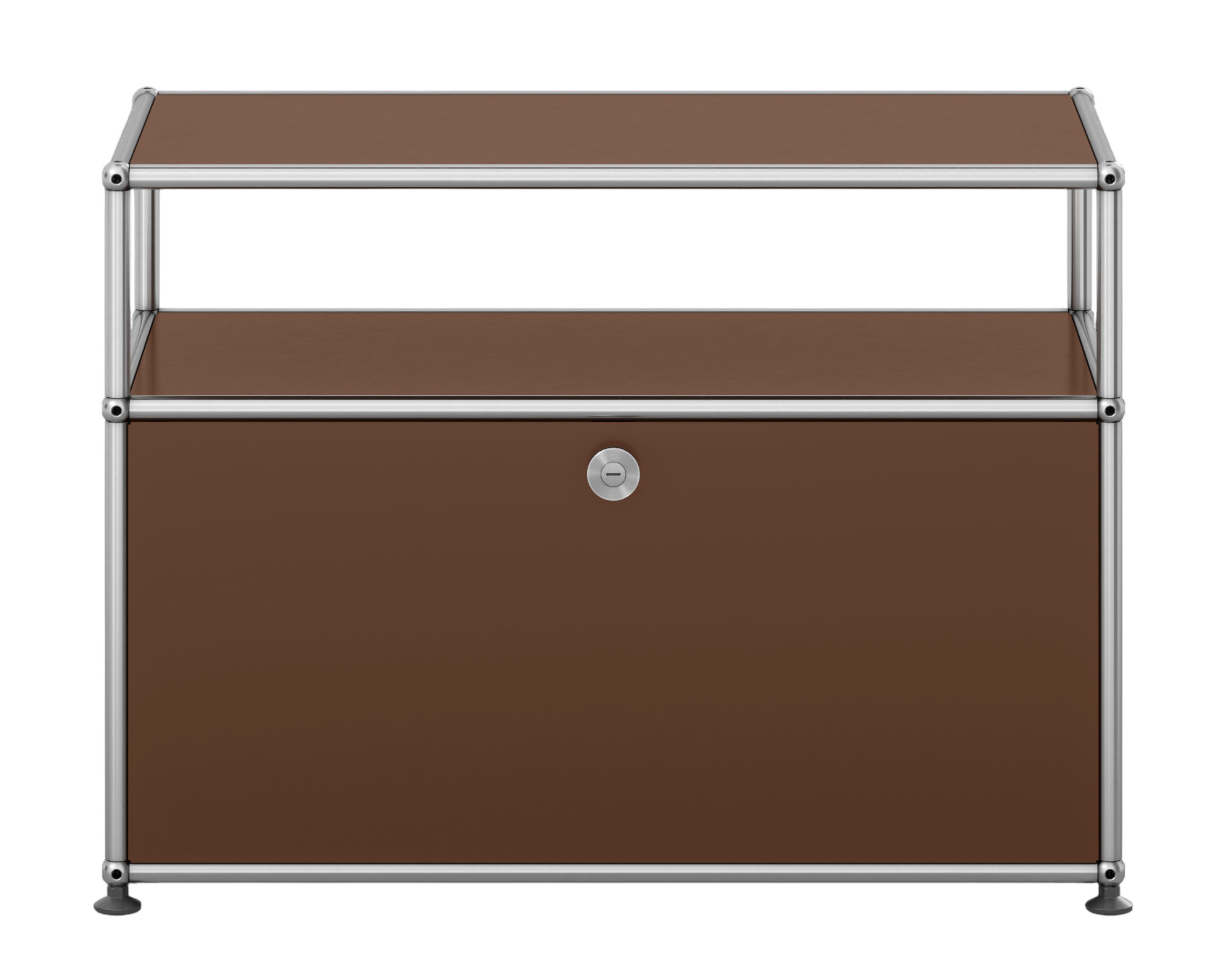 Braunes USM Haller Möbel mit Klappe, modulare Aufbewahrungslösung für Wohnzimmer und Büro.