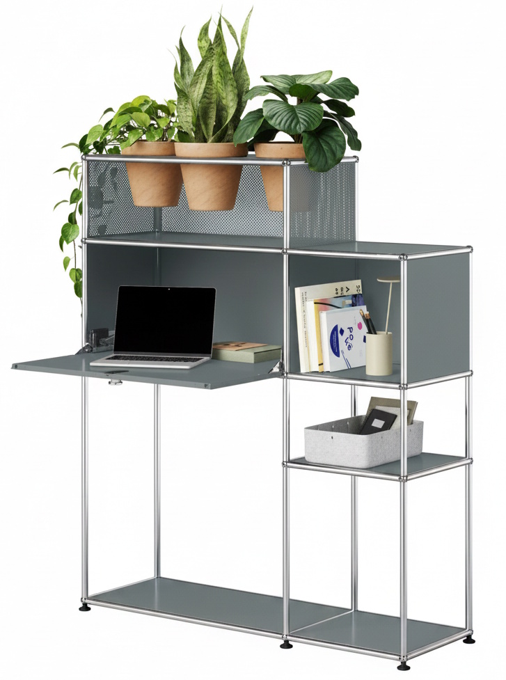 Home Office mit Pflanzenelement USM Haller Mittelgrau