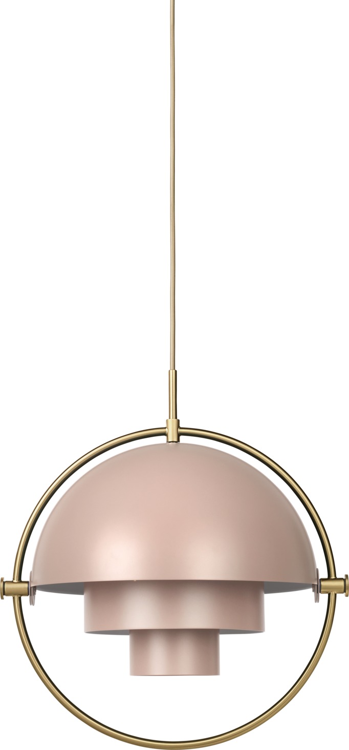 Gubi Multi-Lite Pendelleuchte in Rose Dust mit Messingdetails, moderne Hängeleuchte für stilvolle Innenräume.