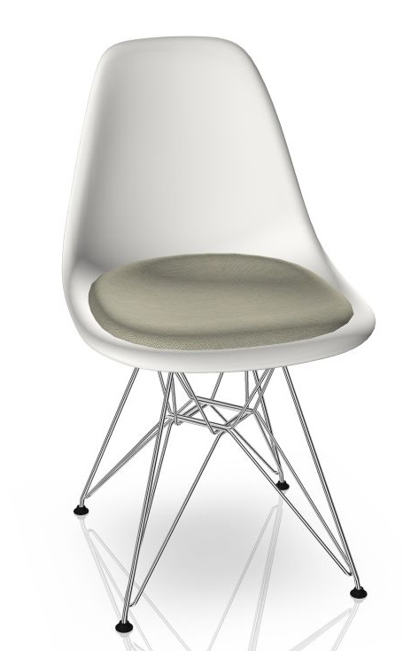 Eames Plastic Side Chair DSR Stuhl mit Sitzpolster Vitra Chrom - Hopsack warmgrey/elfenbein, Weiß