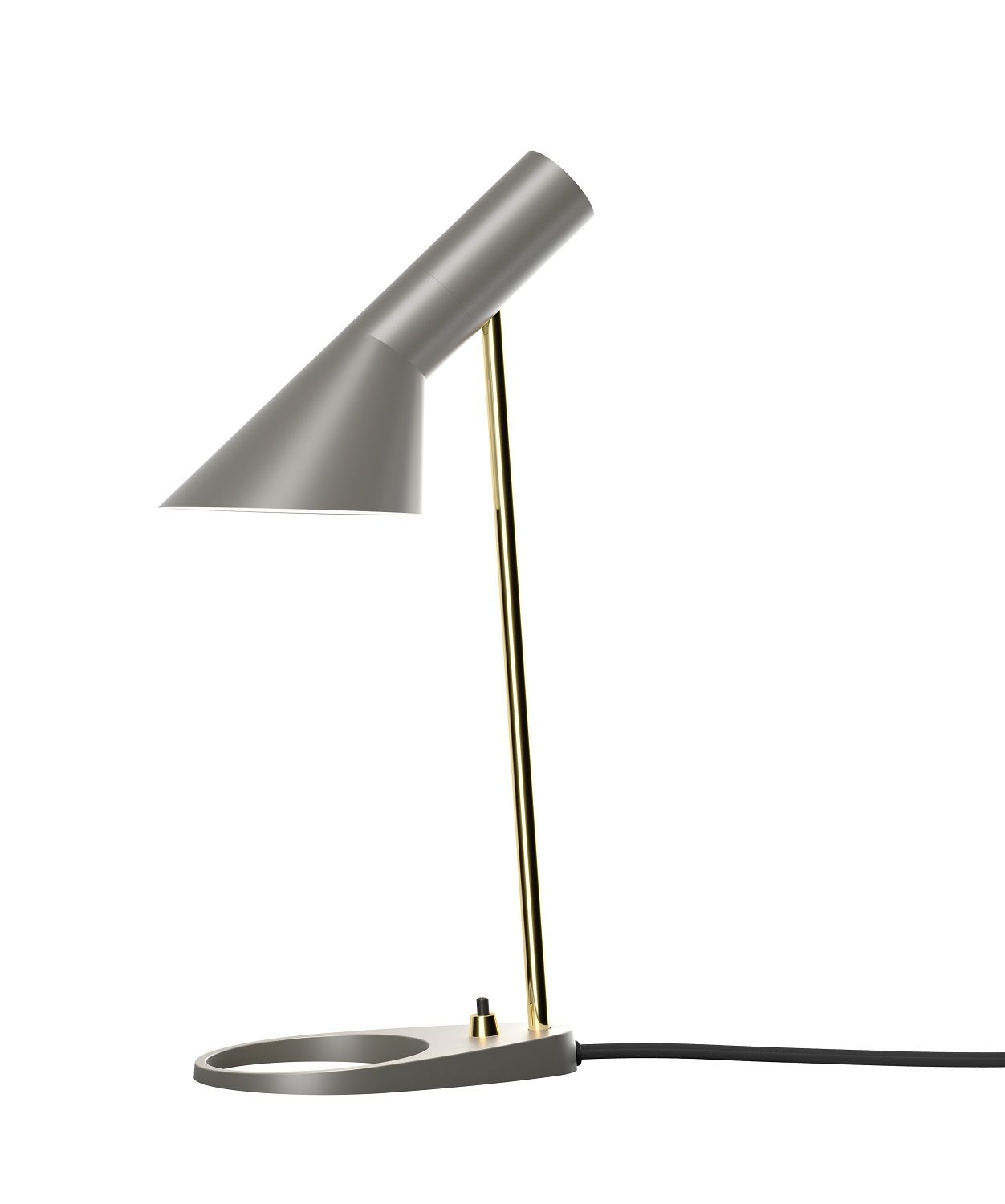AJ Mini Tischleuchte von Louis Poulsen, graue Designleuchte mit goldenem Ständer für den Schreibtisch.