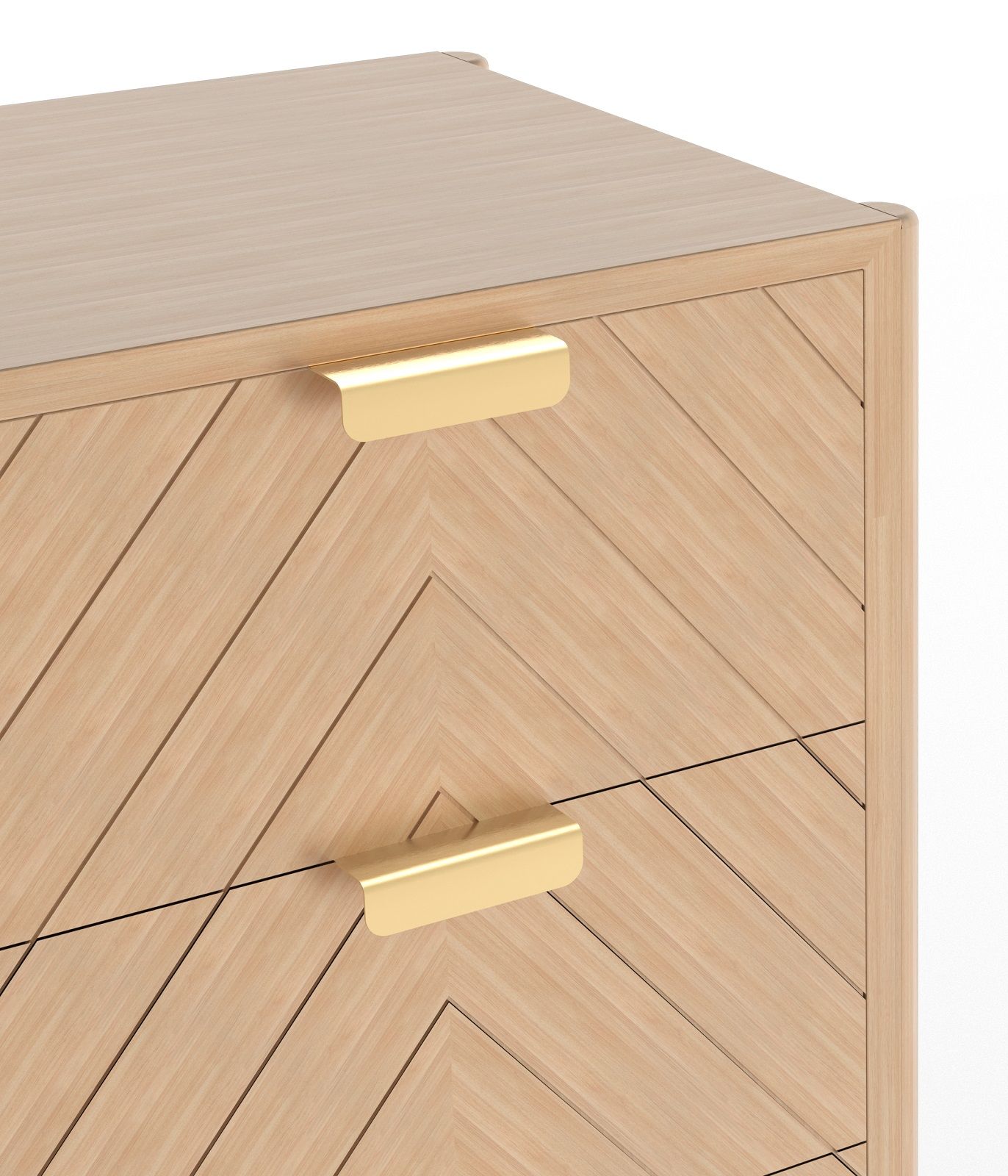 Detailaufnahme der Hartô Marius Kommode: Holzkommode mit goldenen Griffen und Chevron-Muster.