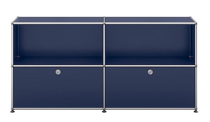 USM Haller Sideboard in Stahlblau mit zwei Klappen, modernes Designmöbel für Wohnzimmer und Büro.
