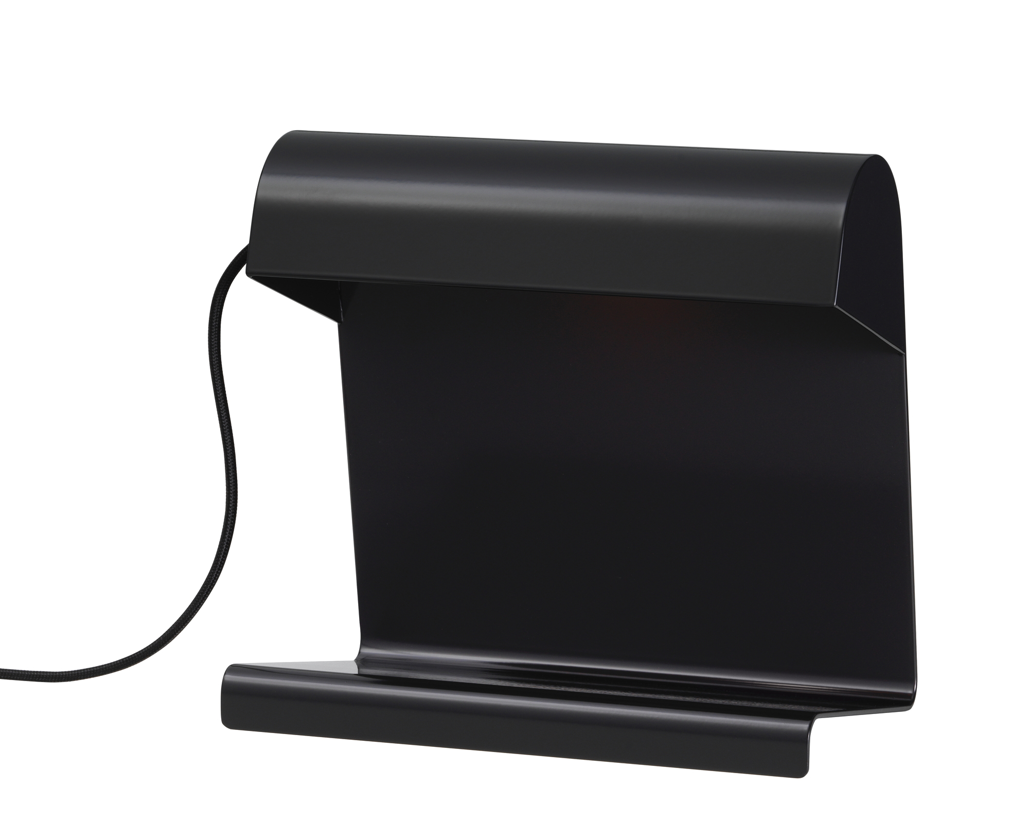 Schwarze Vitra Lampe de Bureau Tischleuchte mit minimalistischem Design und Kabel auf weißem Hintergrund.