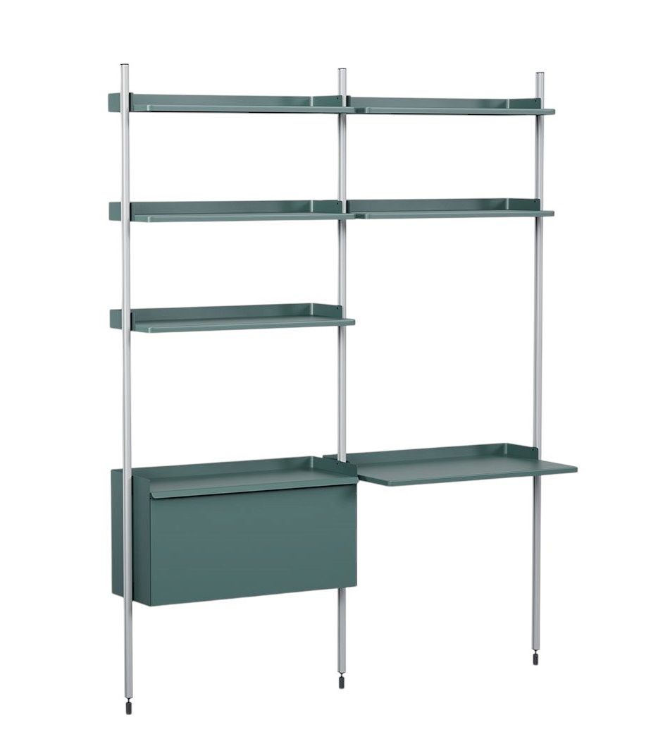 Hay Pier System Regal mit zwei Säulen in Stahlblau und Aluminium, modernes Regalsystem.