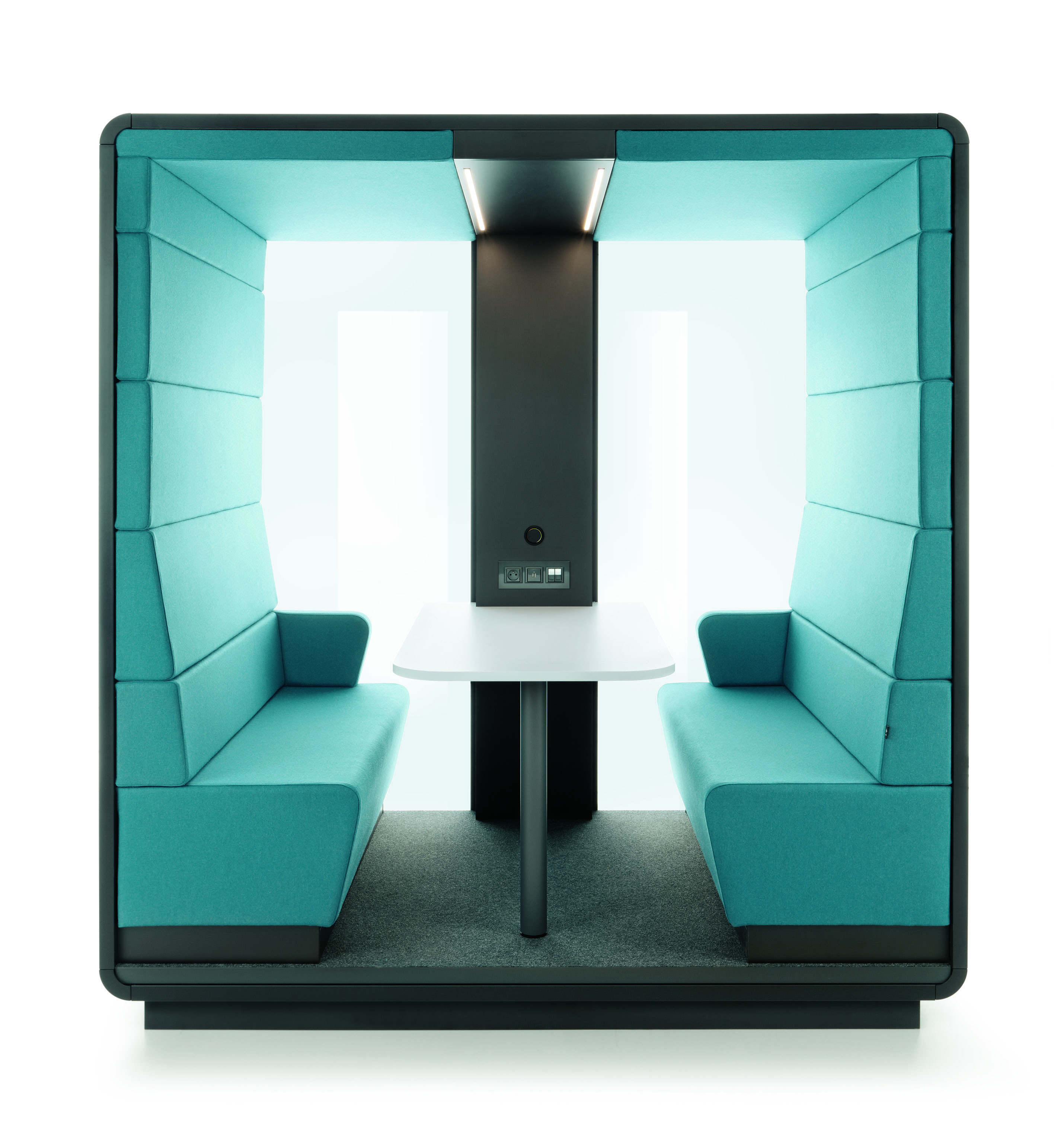 HushMeet Open Meetingbox: Schallgedämmte Bürokabine mit blauen Sitzen und Tisch für konzentriertes Arbeiten.