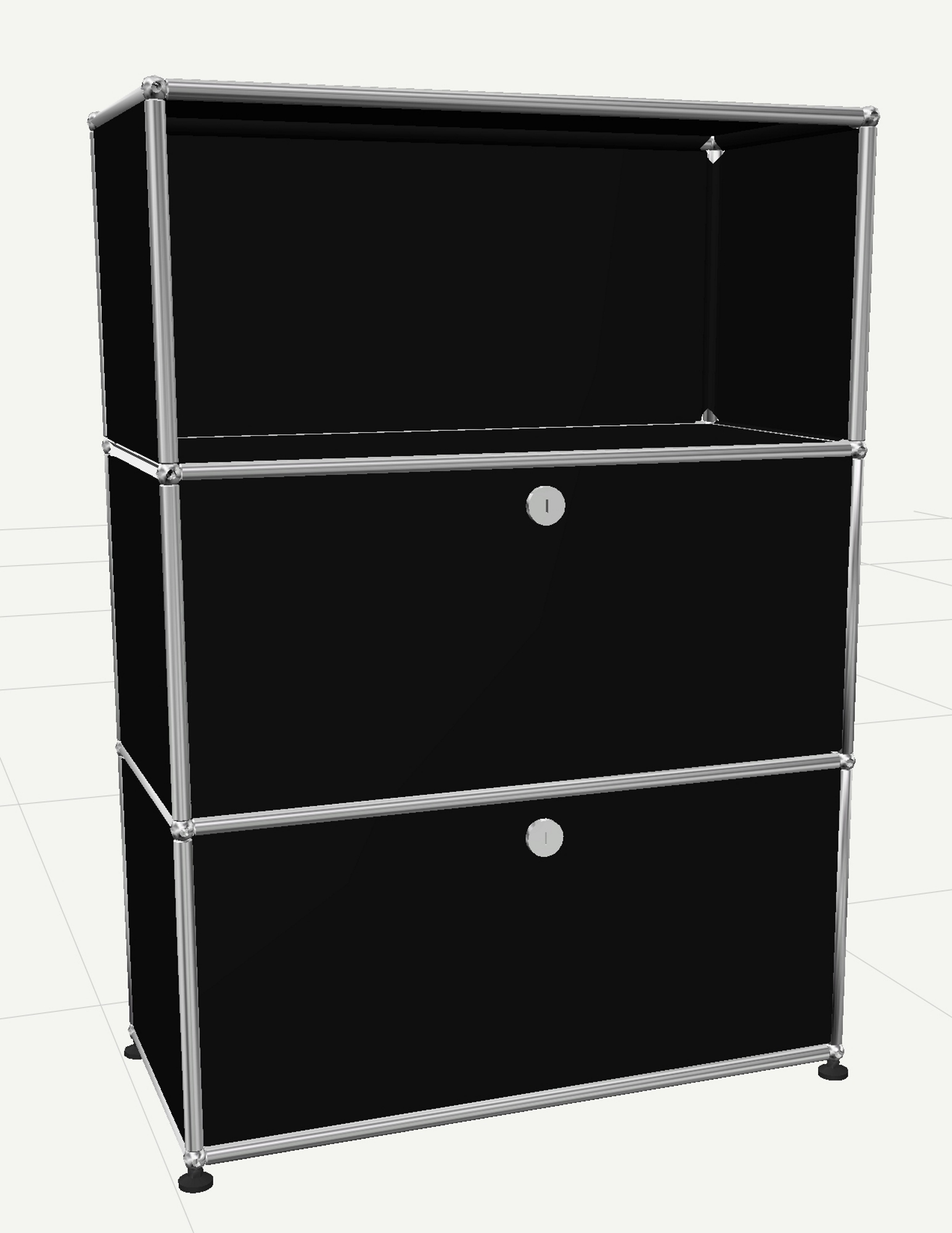 USM Haller Highboard in Graphitschwarz mit zwei Klappen und einem offenen Fach. Designklassiker für modernes Wohnen.