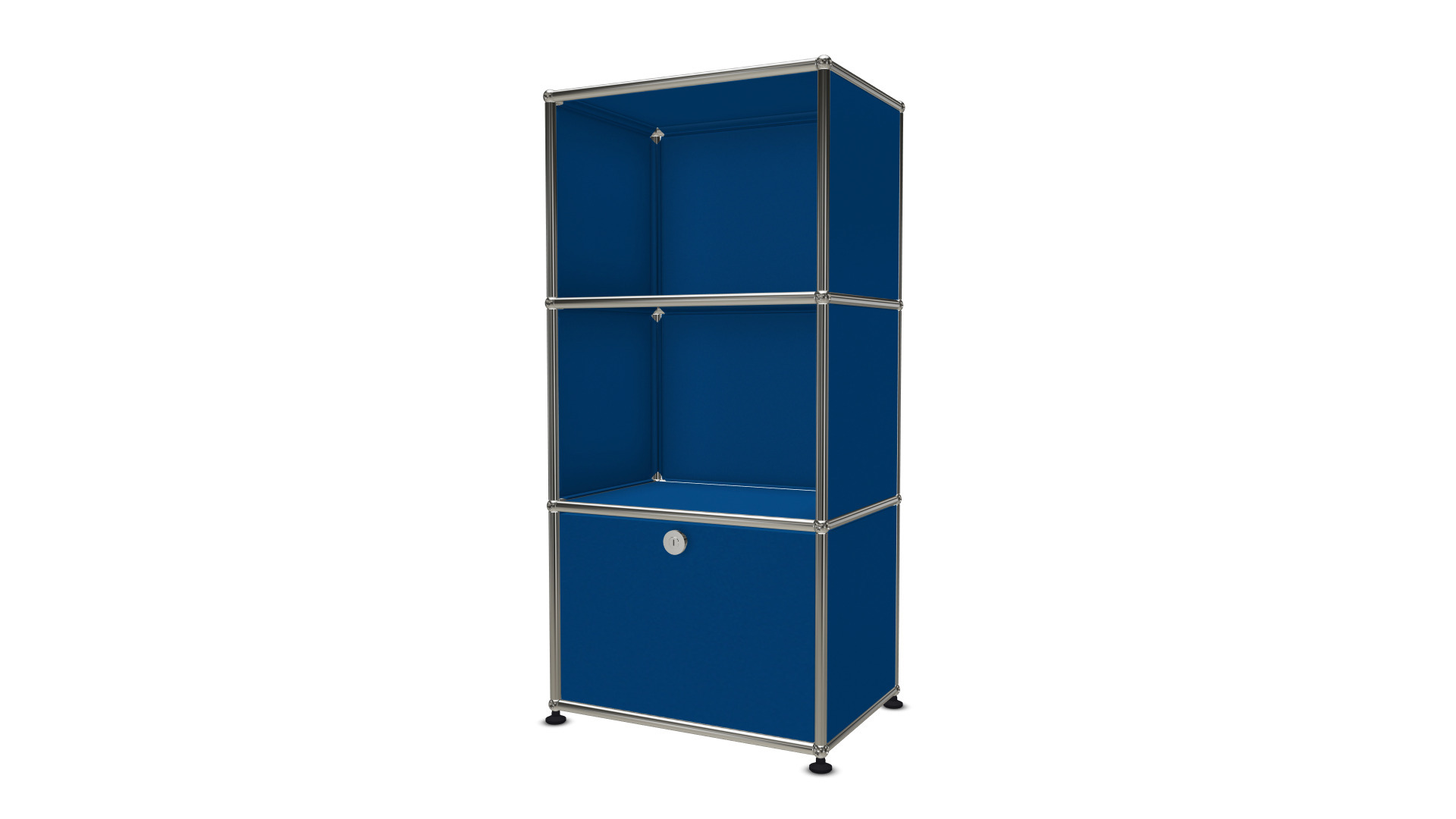 USM Haller Regal enzianblau mit Ausziehtür, drei Fächer und verchromtem Gestell für Büro und Wohnzimmer.