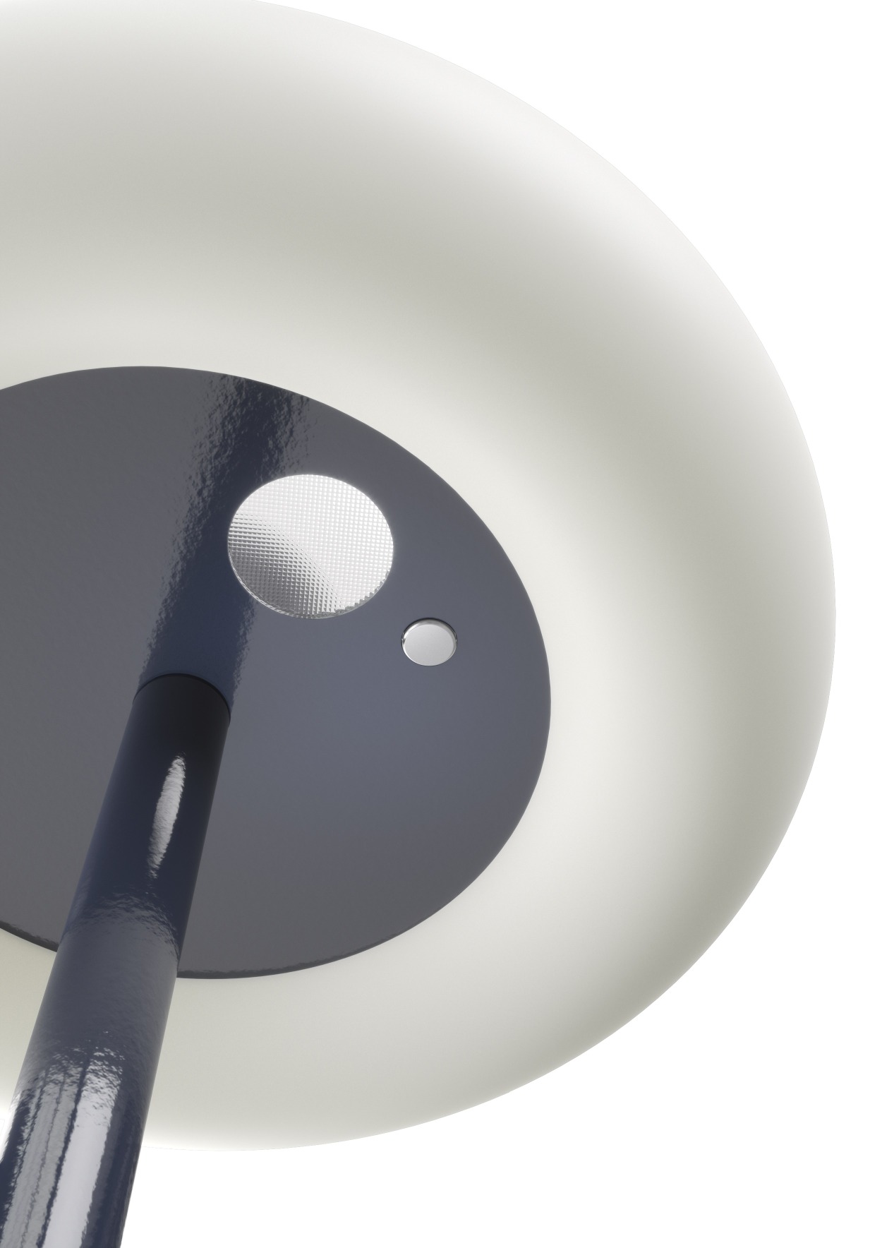 Detailaufnahme der Belux Oto Stehleuchte in Tiefblau mit warmweißem Licht.