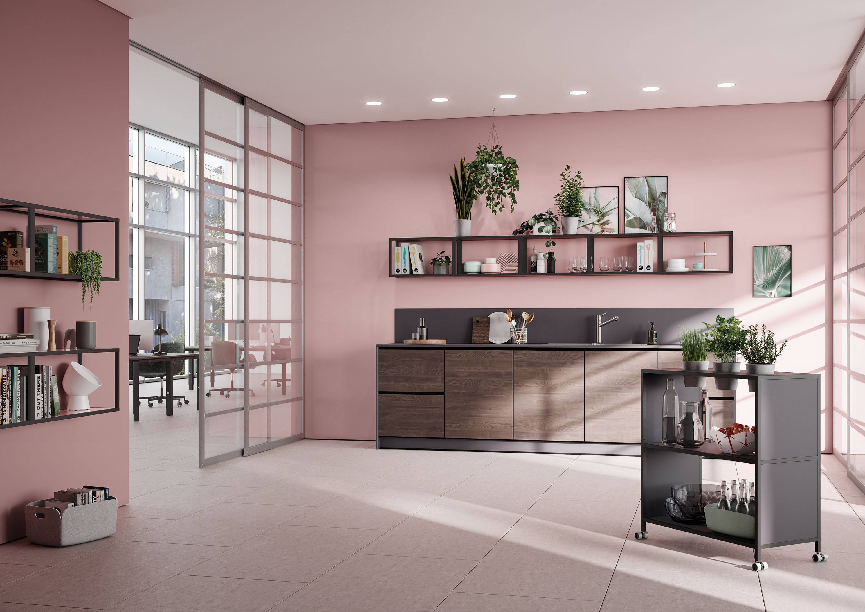 Modernes Zimmer mit Palmberg Regal mit einem Fach, grau, mit Rollen.