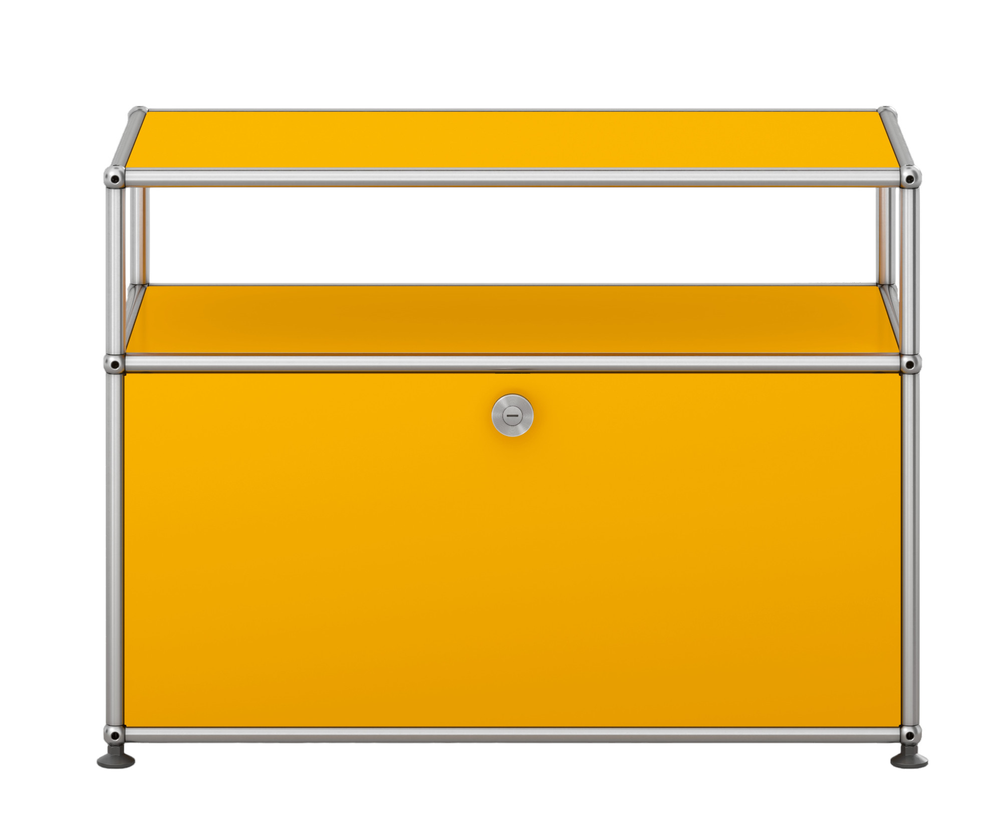 USM Haller Beistellmöbel in Goldgelb mit einer Klappe, modernes Design für Wohnzimmer und Büro.