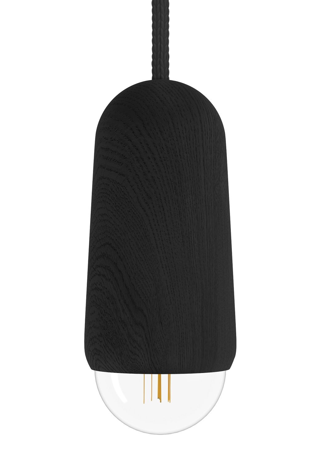 Luce Pendelleuchte von Hartô: Schwarze Hängelampe aus Eichenholz mit transparentem Lampenschirm.