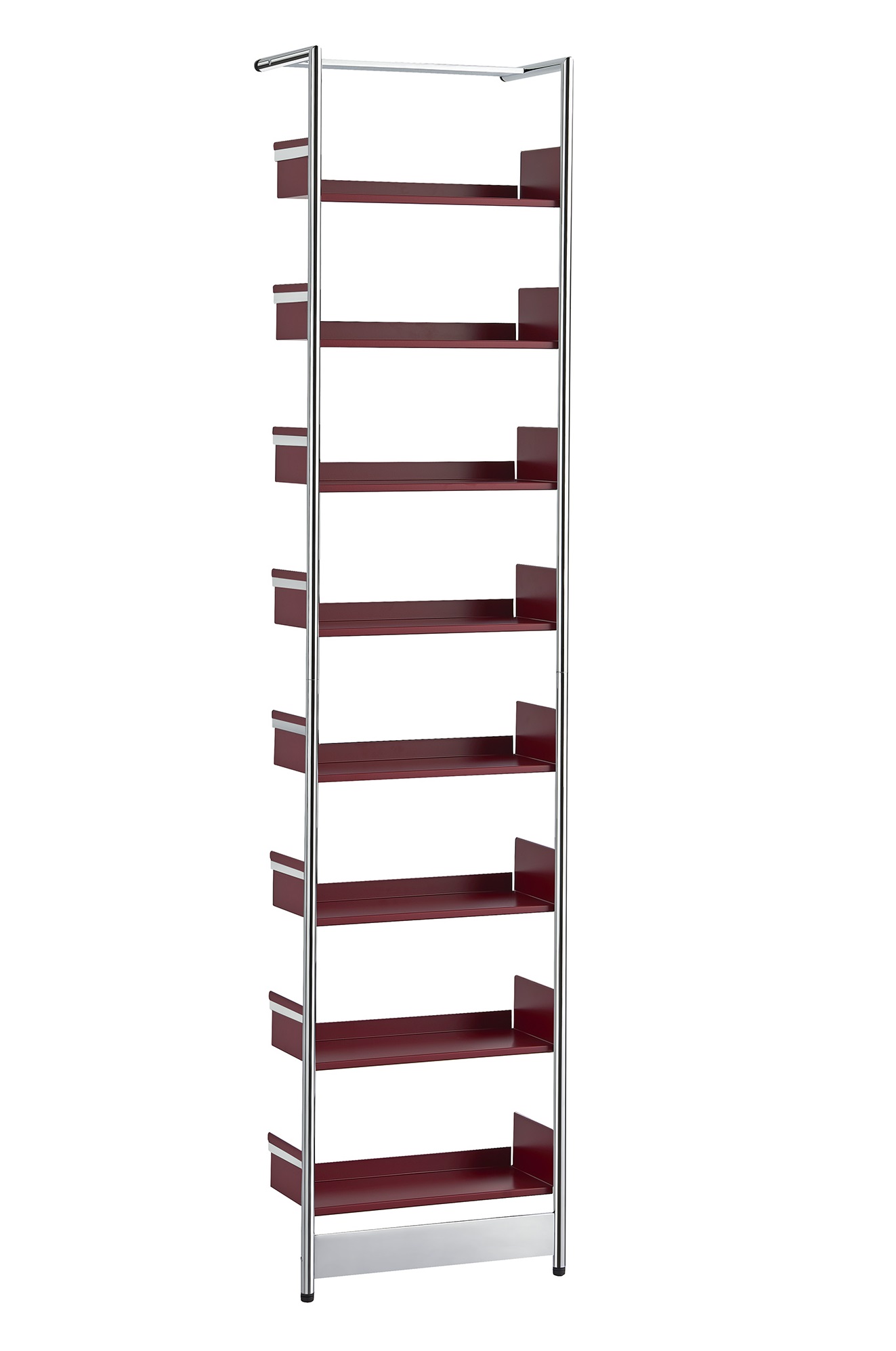 Pool 183 CD-Regal von Mox, schlankes Designregal mit roten Regalböden und verchromtem Stahlrahmen für CDs.