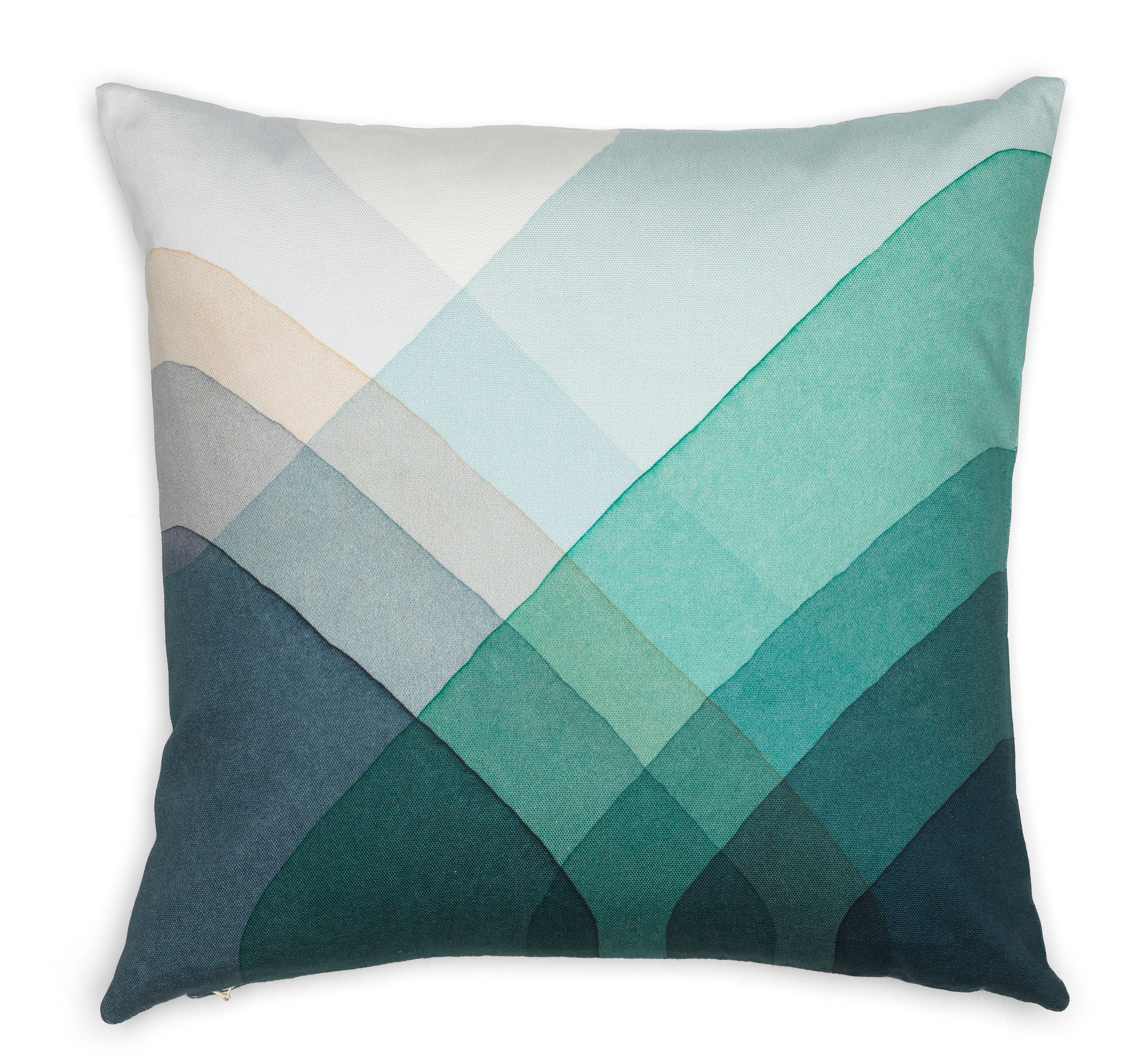 Blaues Heringbone Pillows Kissen mit abstraktem, geometrischem Muster in verschiedenen Blautönen und Beige. Dekokissen für Wohnzimmer.