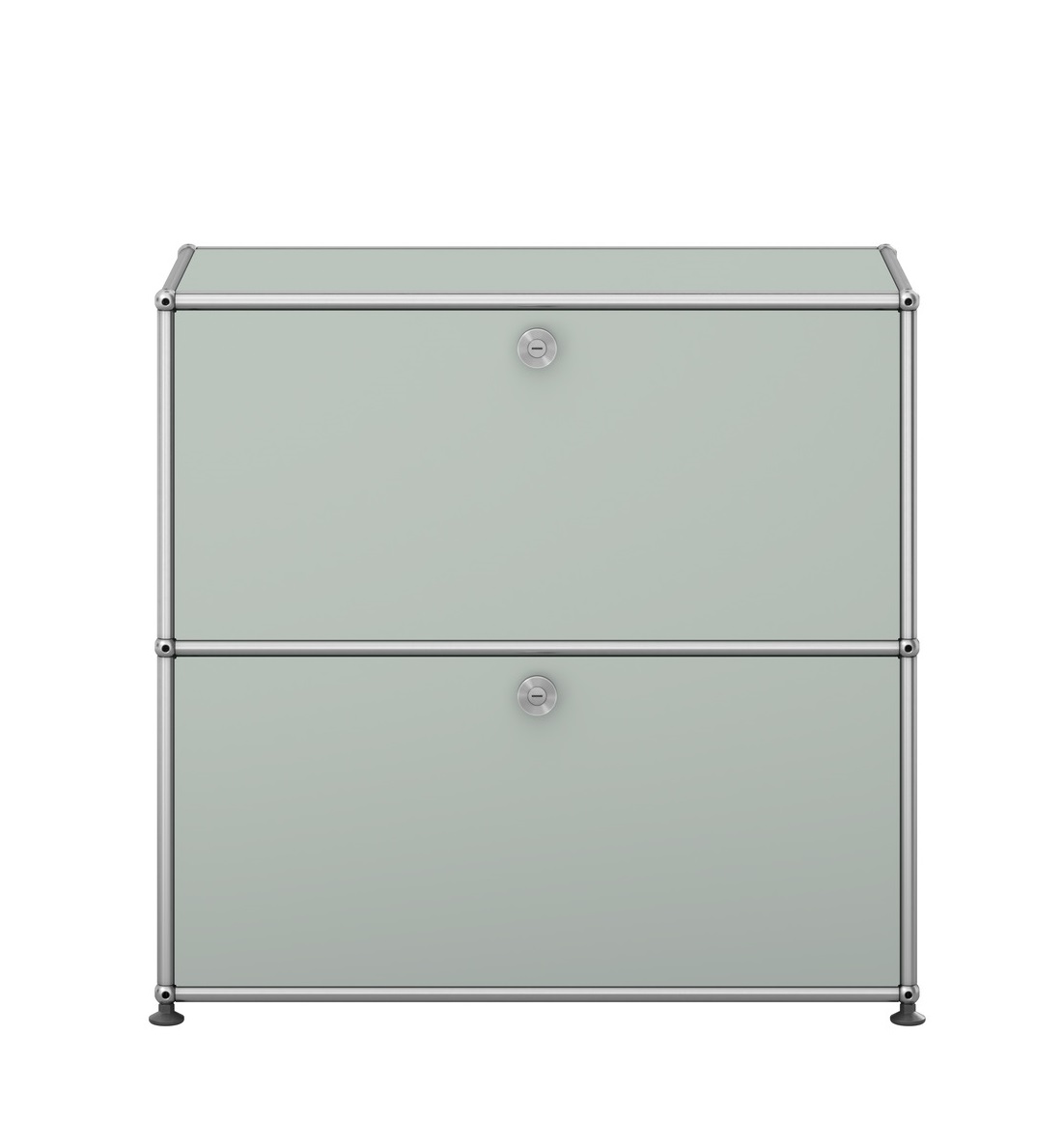 USM Haller Sideboard klein in Lichtgrau mit zwei abschließbaren Fächern und Chromgestell.