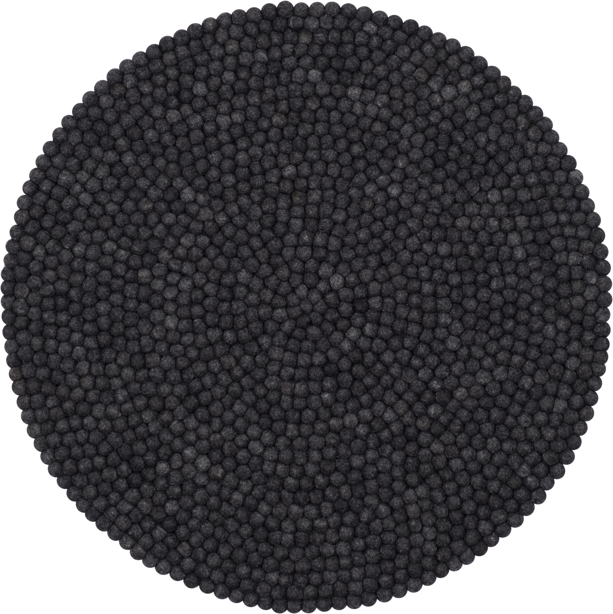 Runder, anthrazitfarbener Filzkugel Teppich "Myfelt Hugo" mit 120 cm Durchmesser, gefertigt aus vielen kleinen Filzkugeln.