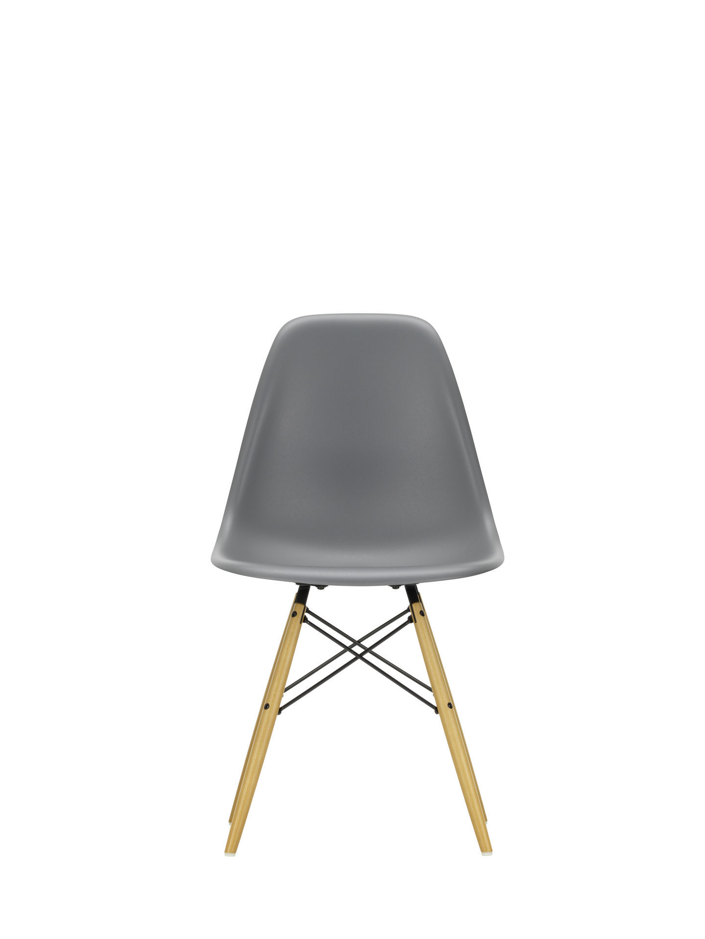 Eames Stuhl DSW, Eisgraue Sitzschale mit Ahorn-Holzgestell, Designklassiker von Vitra für Esszimmer und Büro.