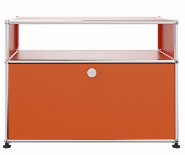 USM Haller Beistellmöbel in Reinorange mit einer Schublade und verchromtem Gestell, Frontansicht.