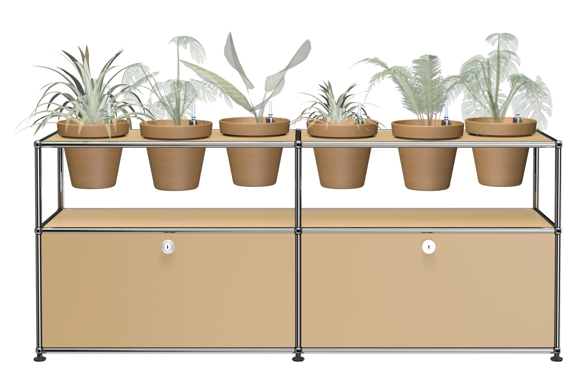 Beiges Pflanzenwelten Sideboard mit USM Haller Elementen und integrierten Pflanztöpfen für Innenraumbegrünung.