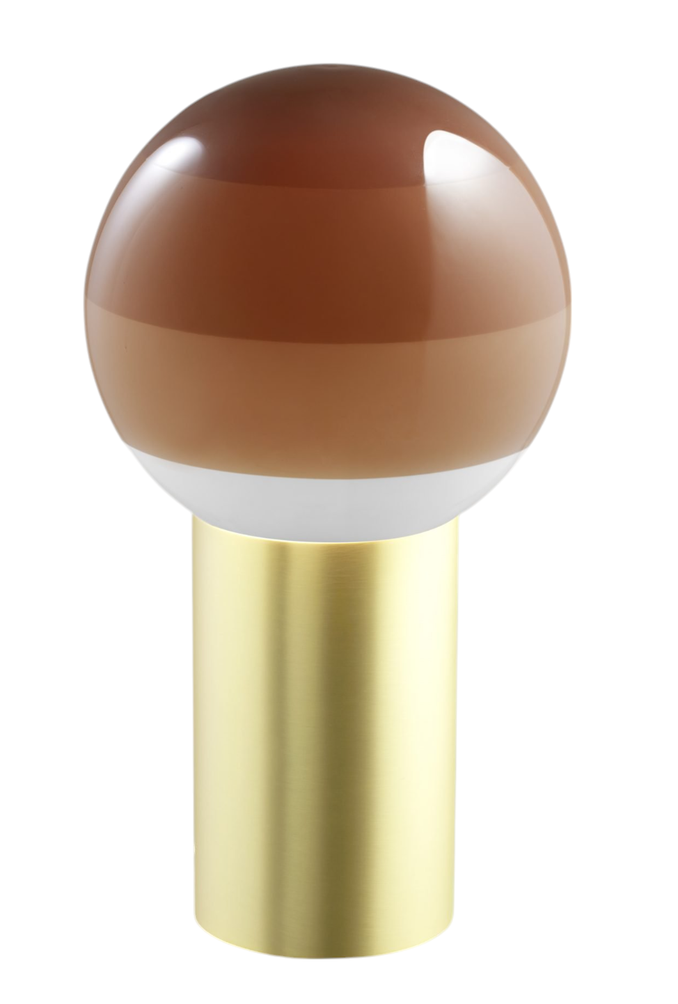 Marset Dipping Light M: Moderne LED Tischleuchte mit braunem Glasschirm und goldenem Fuß.