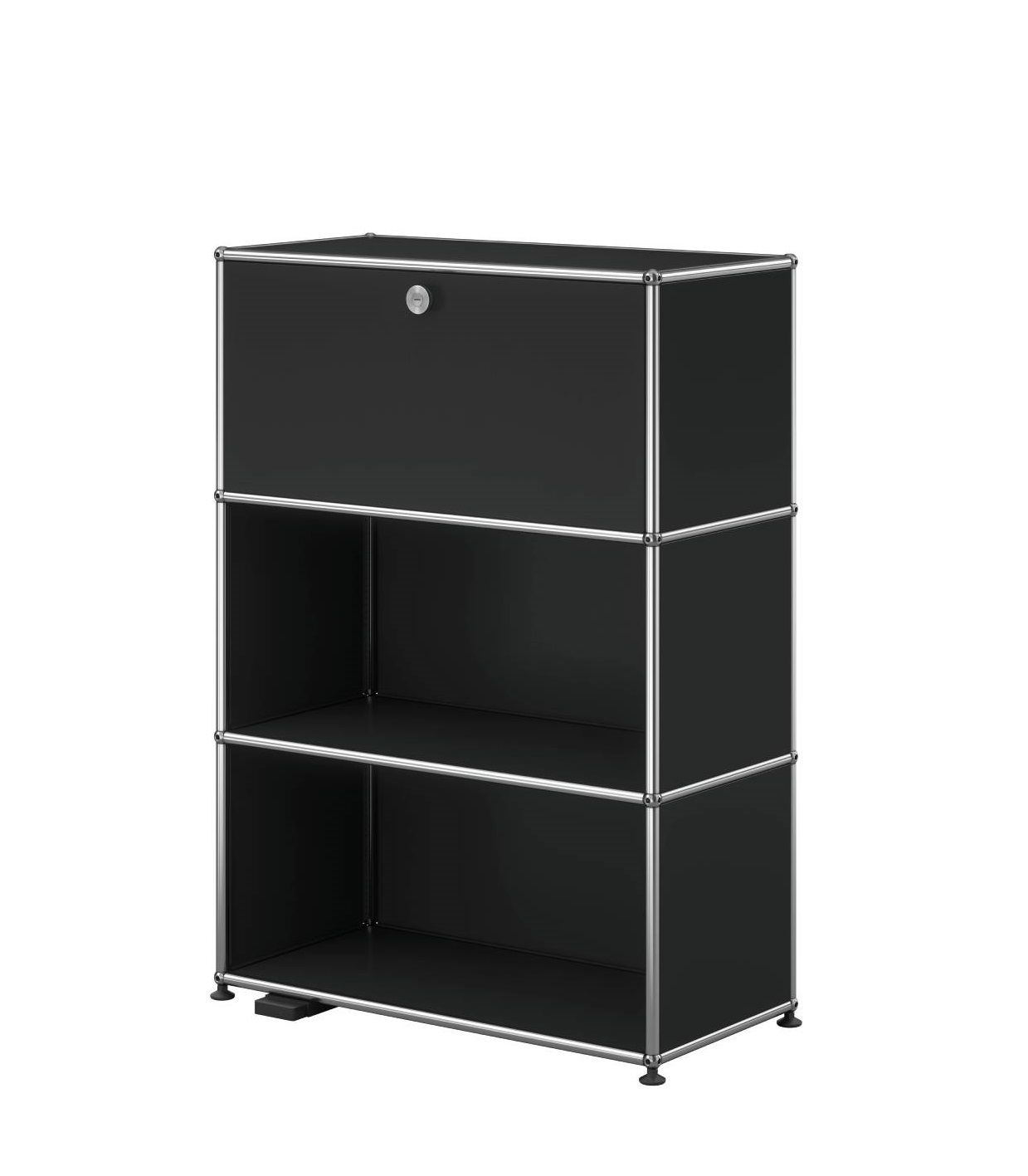 Schwarzes USM Haller Regal mit abschließbarem Fach und zwei offenen Regalböden für Wohnzimmer oder Büro.