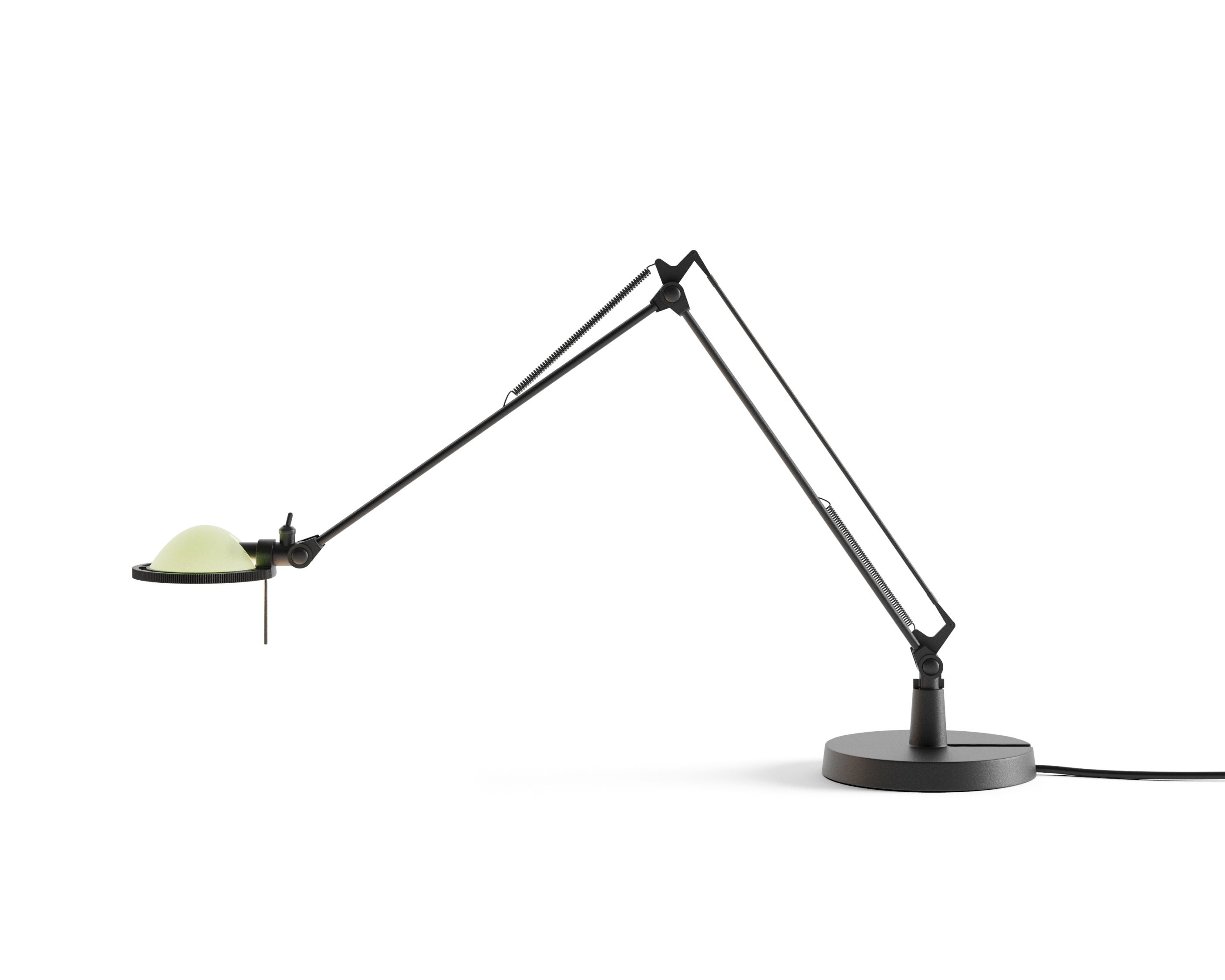D12/4 Berenice Tischleuchte von Luceplan: Schwarze Schreibtischlampe mit salbeigrünem Glasreflektor und verstellbarem Arm.