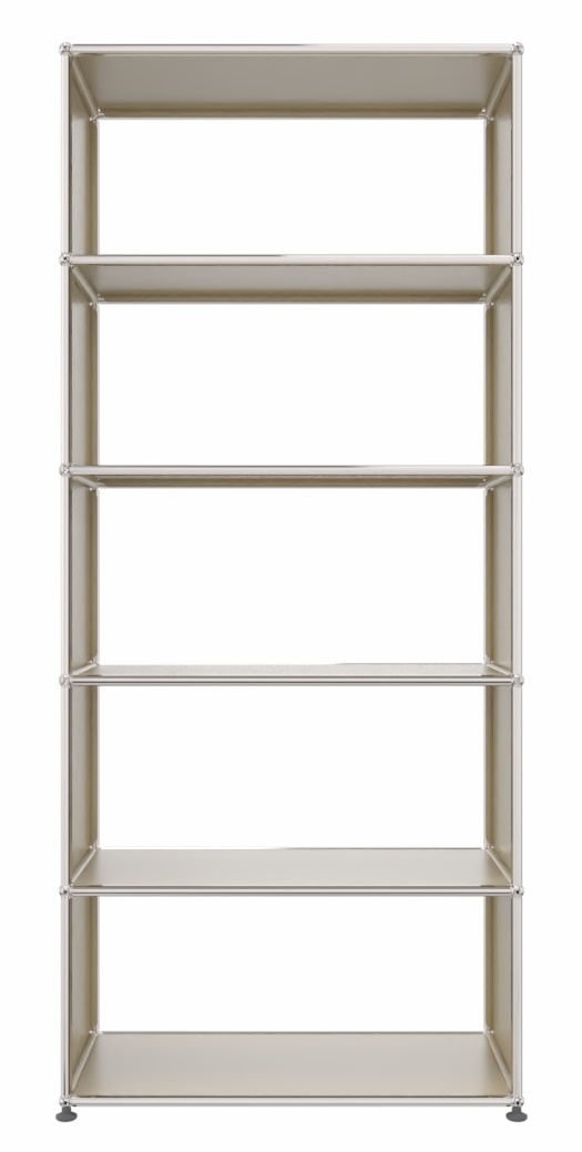 Beiges USM Haller Regal mit fünf Fächern und verchromten Verbindungsrohren, modernes modulares Möbeldesign.