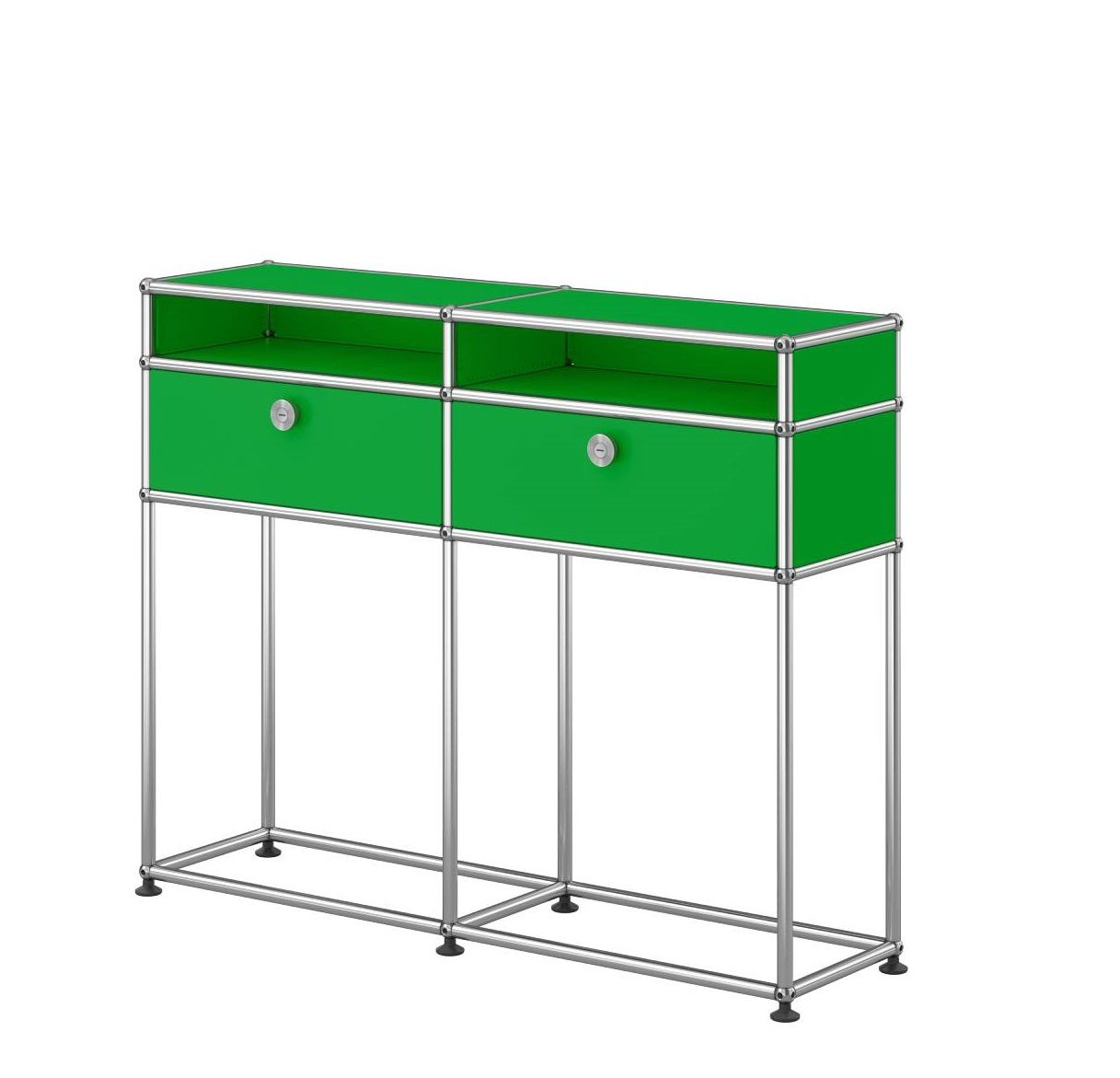 USM Haller Sideboard in Grün mit zwei Schubladen und verchromtem Gestell auf weißem Hintergrund.
