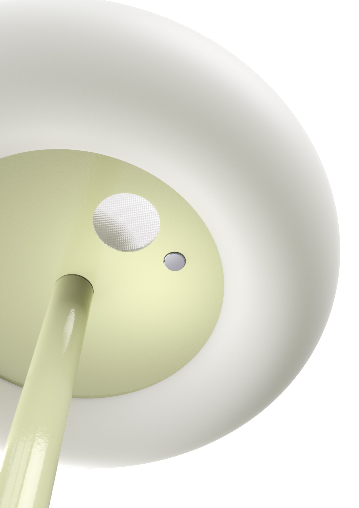 Detailaufnahme der Belux Oto Stehleuchte mit Rundfuß in Sandbeige und warmweißem Licht.