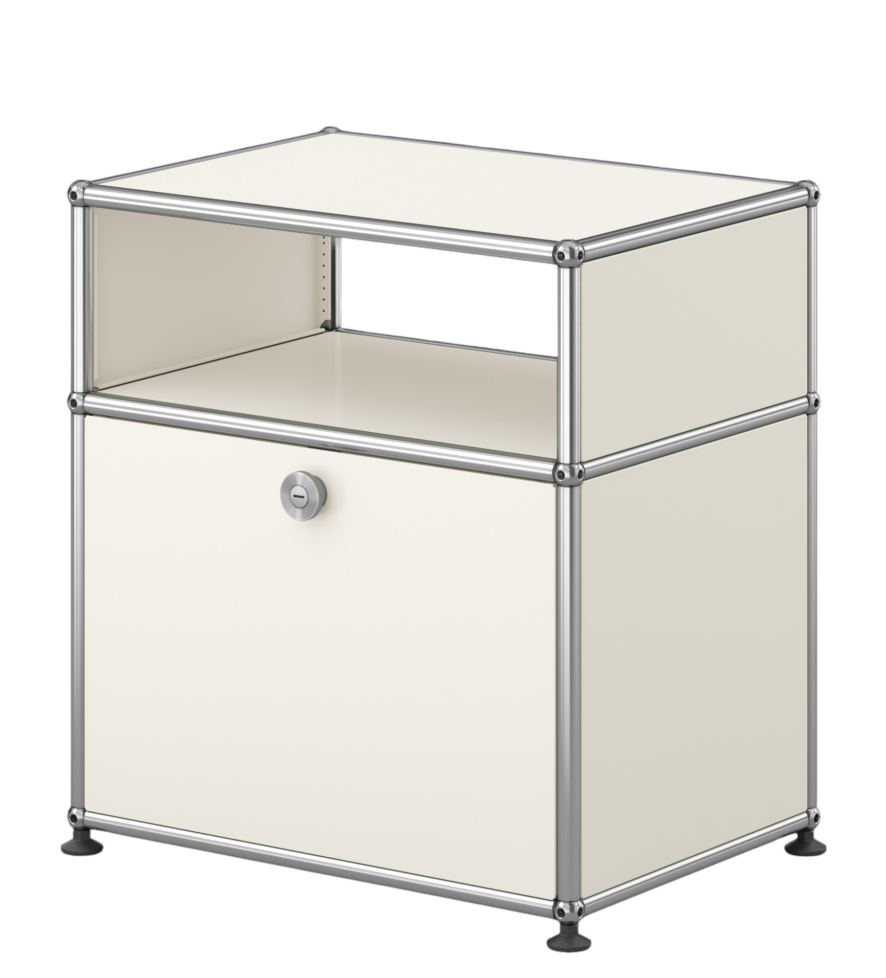 USM Haller Nachttisch in Reinweiß mit Klapptür, modernes Designmöbel für Schlafzimmer und Wohnbereich.