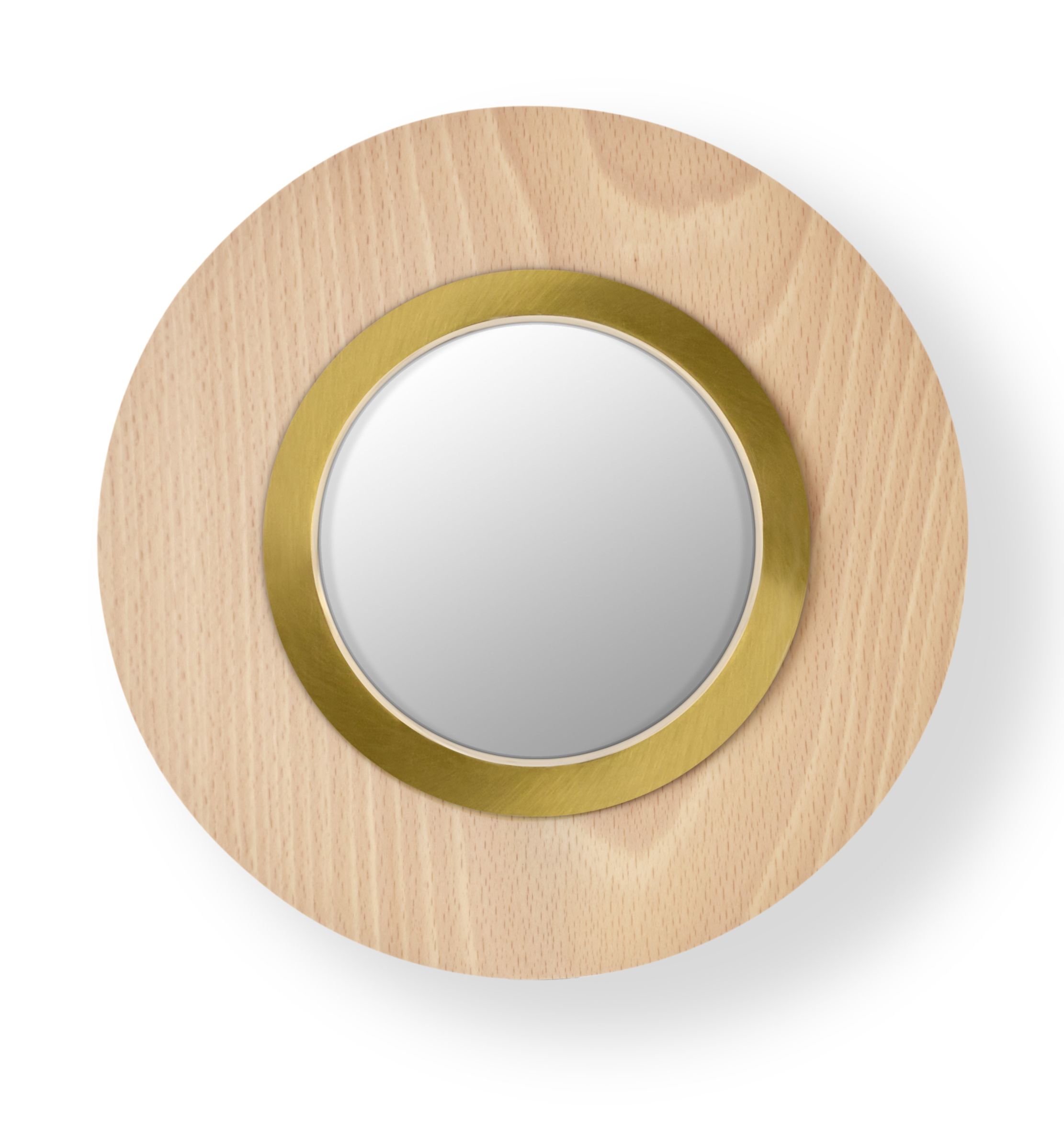Lens LED Wandleuchte von LZF Lamps: Runde Wandlampe mit Goldring und Buchenholz-Element.