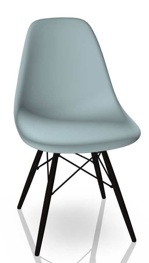 Eames DSW Stuhl mit eisgrauer Sitzschale und schwarzem Ahorn-Holzgestell von Vitra. Designklassiker.