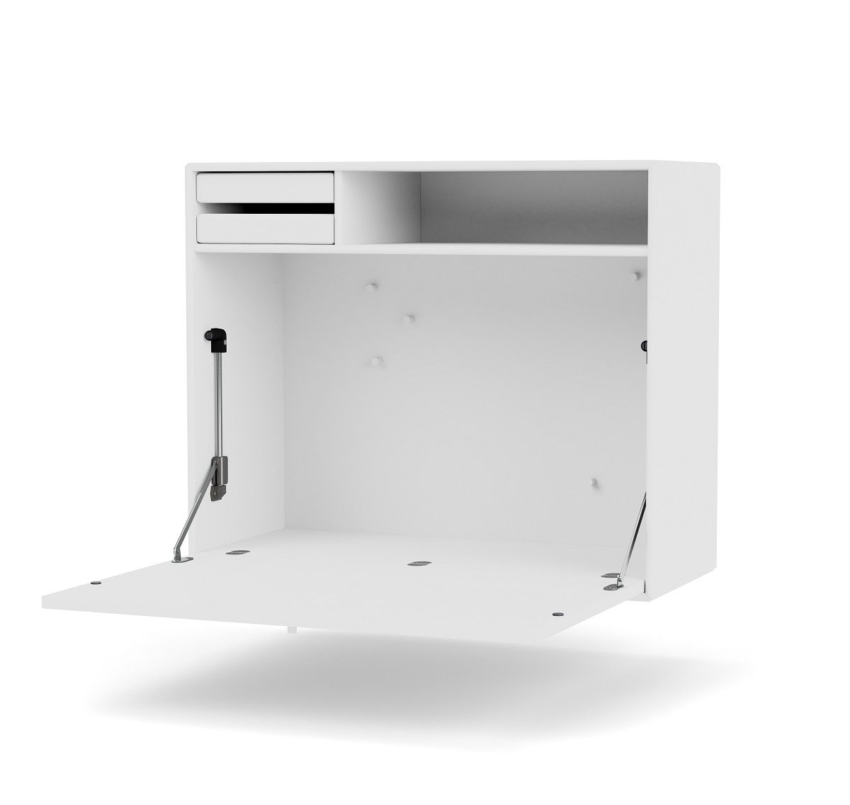 Weißer STUDIO Sekretär mit geöffneter Klappe, zwei Schubladen und Stauraum. Wandsekretär für Homeoffice.