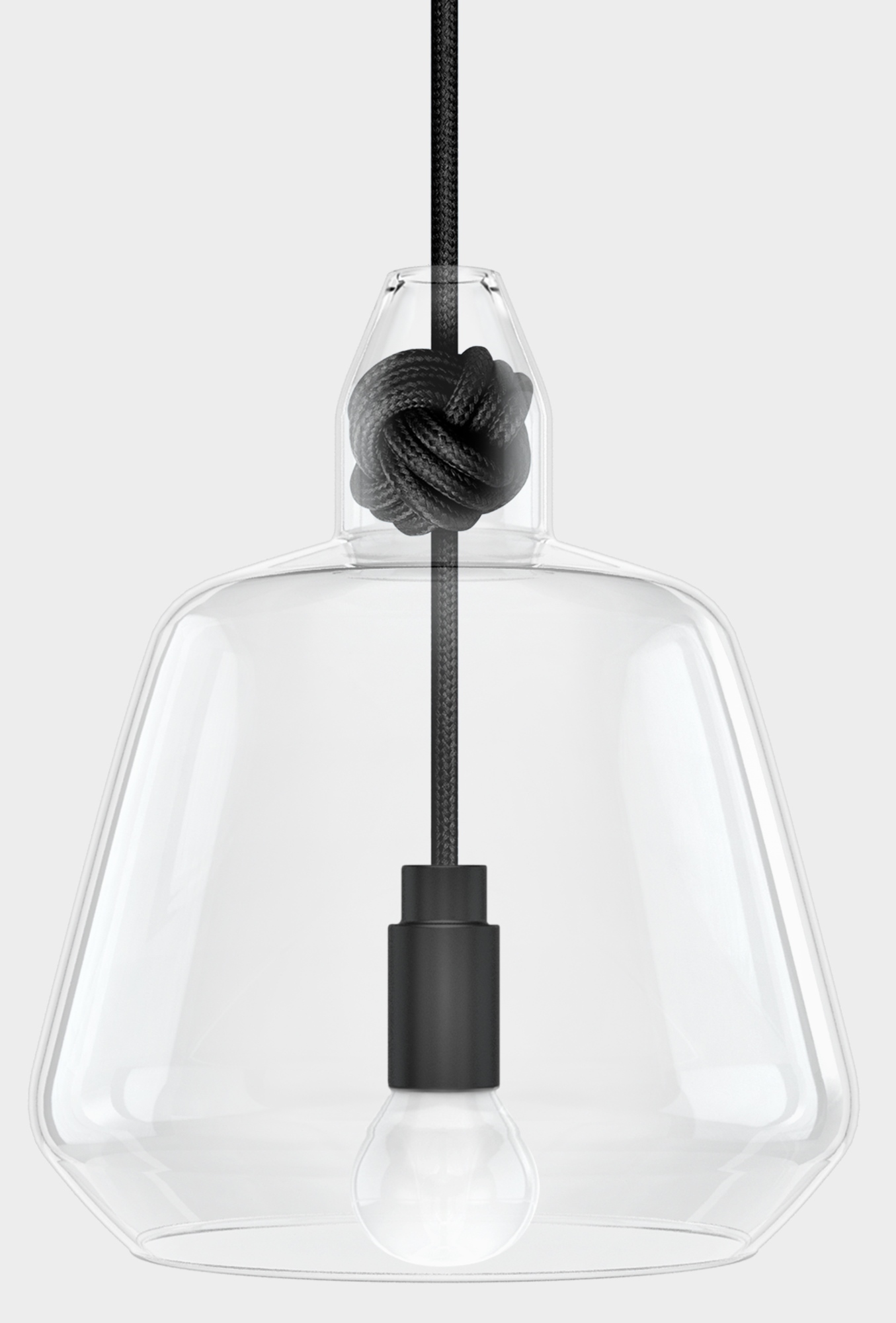 Knot Lamp Pendelleuchte mit Glas, schwarzem Knoten und Textilkabel für moderne Innenbeleuchtung.