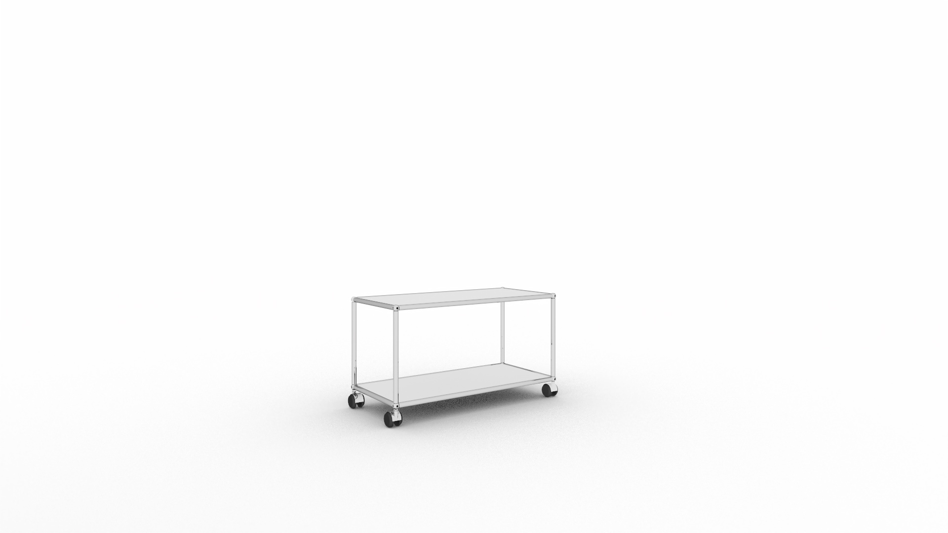 USM Haller Möbel: Weißes TV Möbel mit zwei Ablageflächen und Rollen auf weißem Hintergrund.