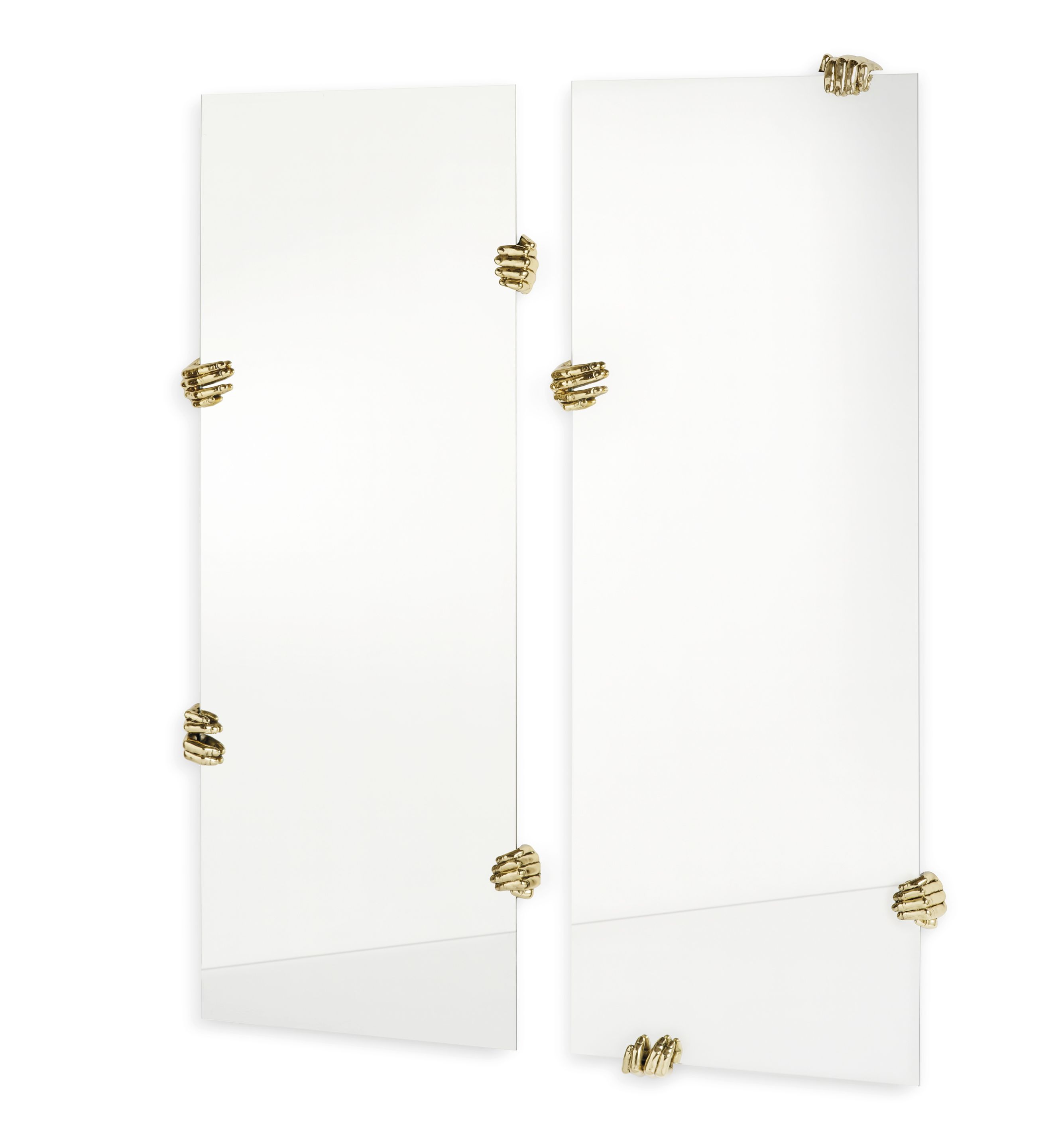 Rechteckiger Mogg Selfie Spiegel, 160x60cm, mit goldenen Hand-Applikationen an den Ecken. Moderner Wandspiegel.