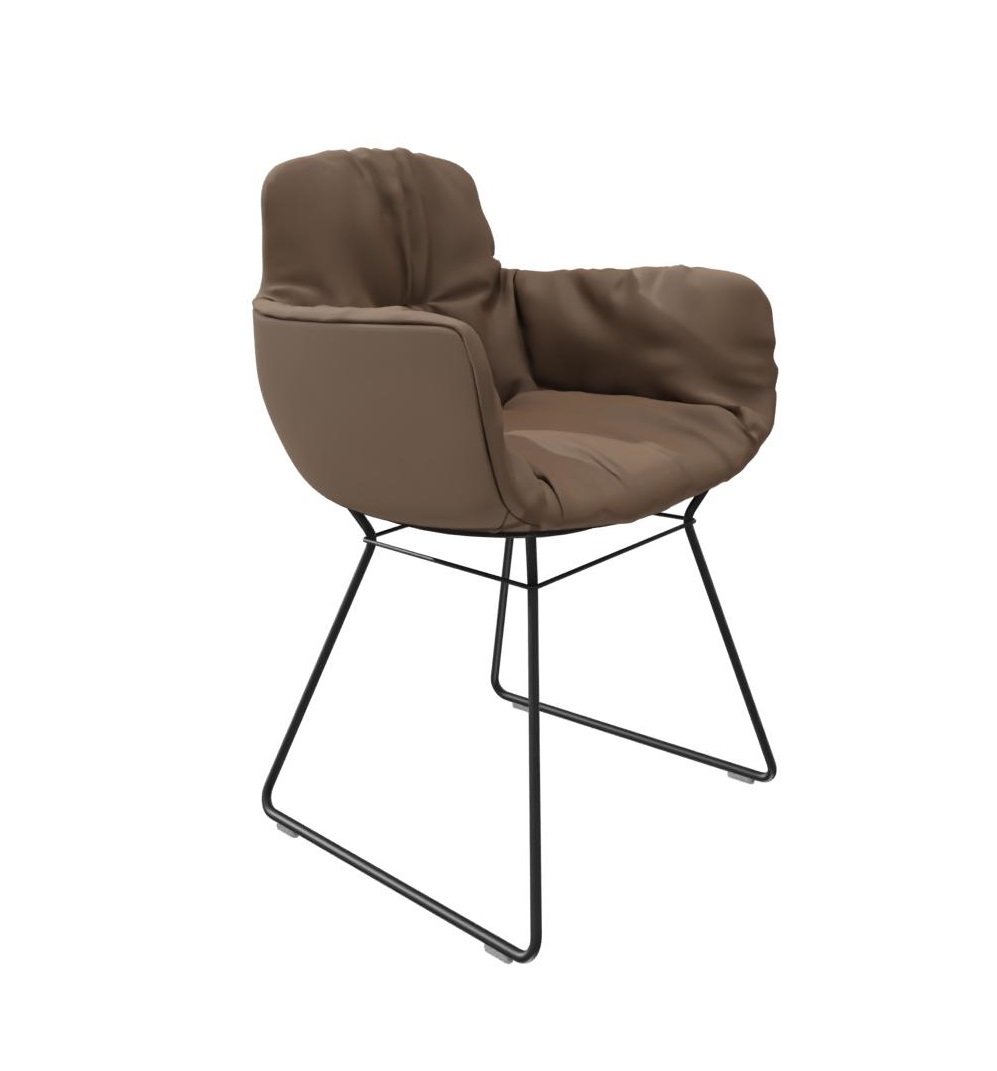 Leya Stuhl mit hoher Armlehne, Leder Sahara, schwarzes Drahtgestell, moderner Designstuhl.