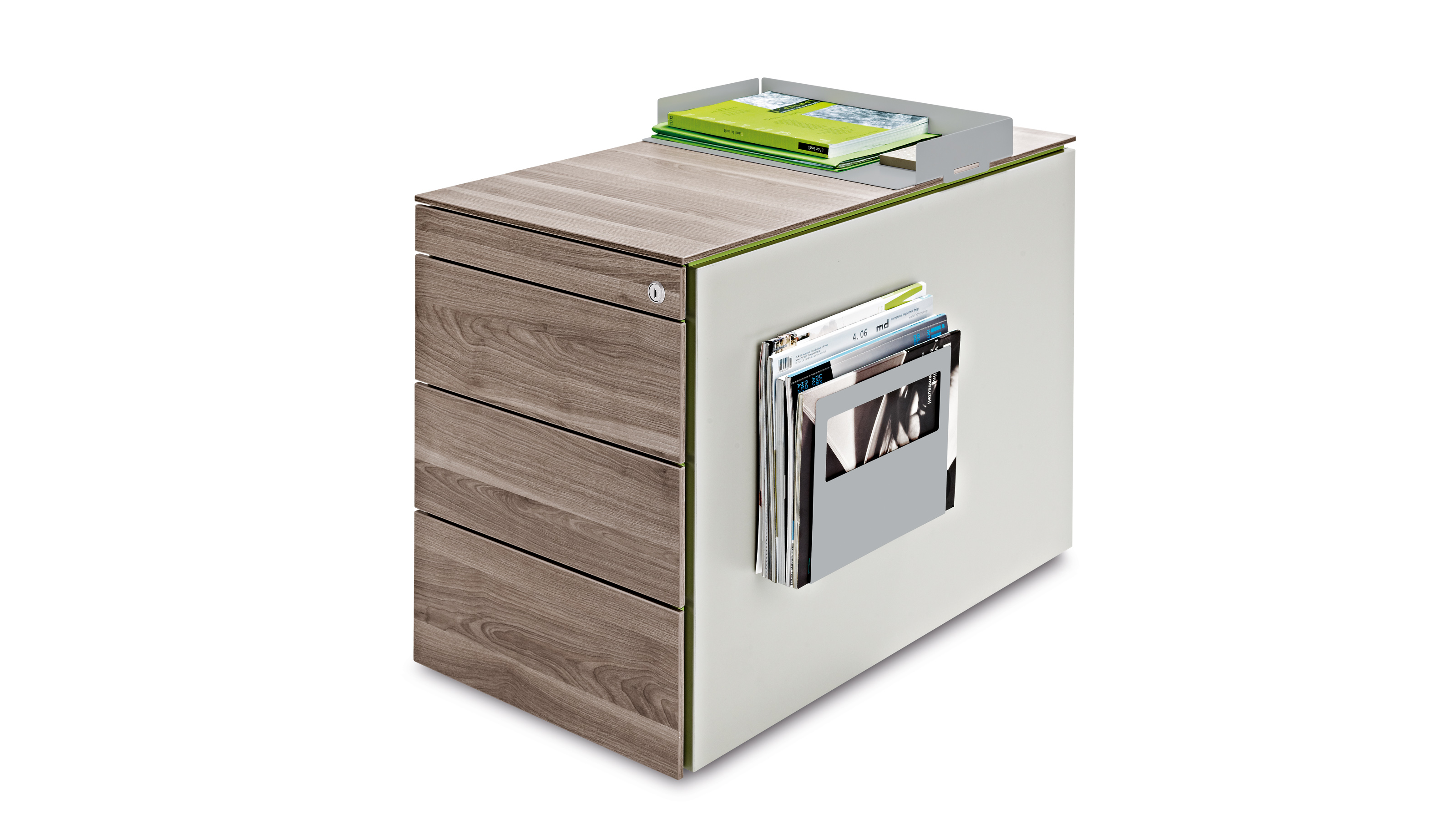Steelcase Implicit Rollcontainer mit Holzfront, weißer Seite und Zeitschriftenhalter. Büro Rollcontainer für mehr Stauraum.