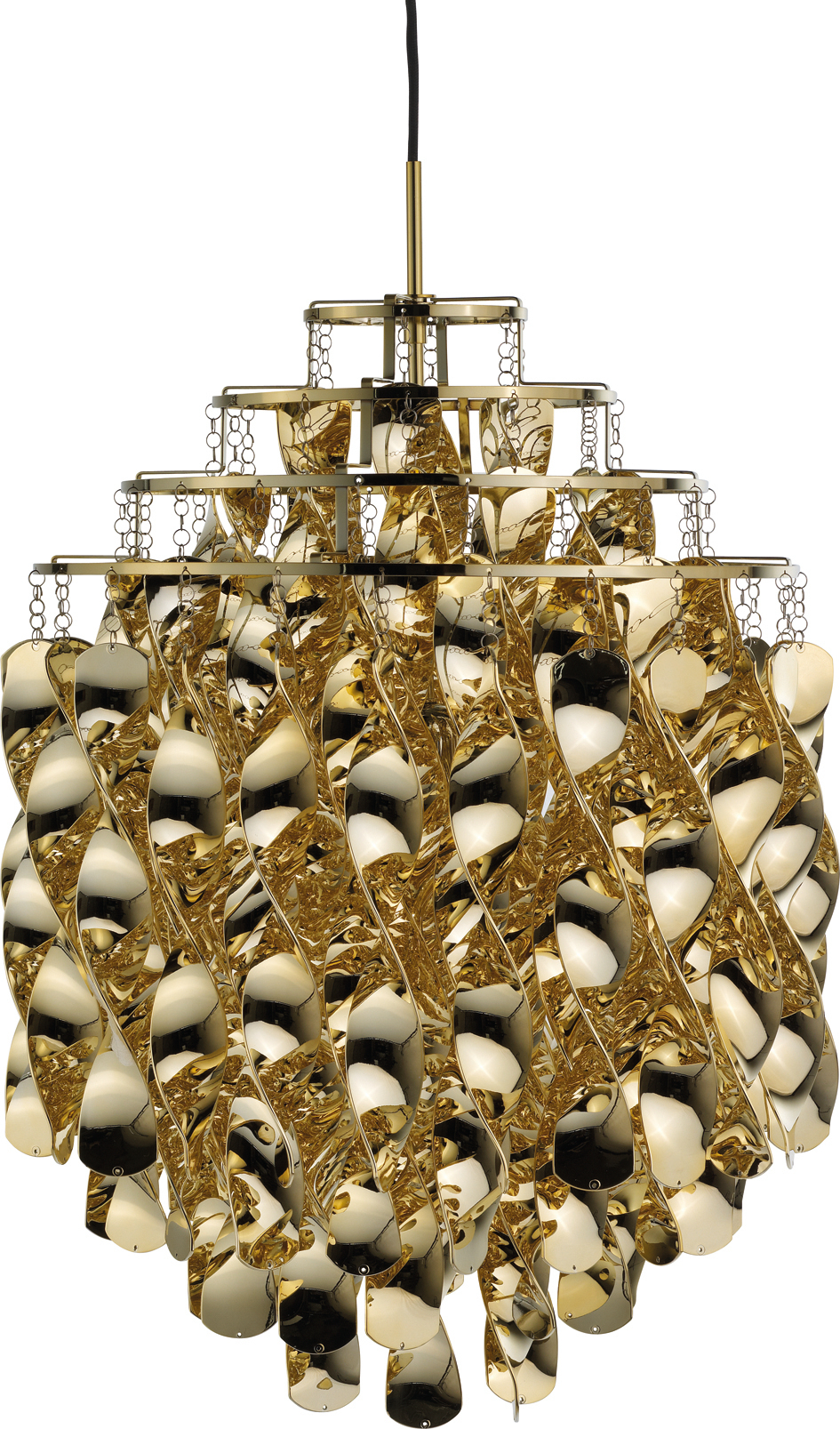 Goldene Spiral SP01 Pendelleuchte von Verpan mit spiralförmigen Elementen und Kettenaufhängung. Design Lampe.