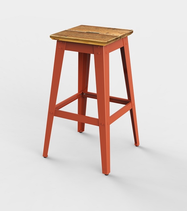 6Grad Barhocker: Küchenhocker aus recyceltem Bauholz mit rot-orangem Metallgestell. Nachhaltiger Hocker für Küche oder Bar.