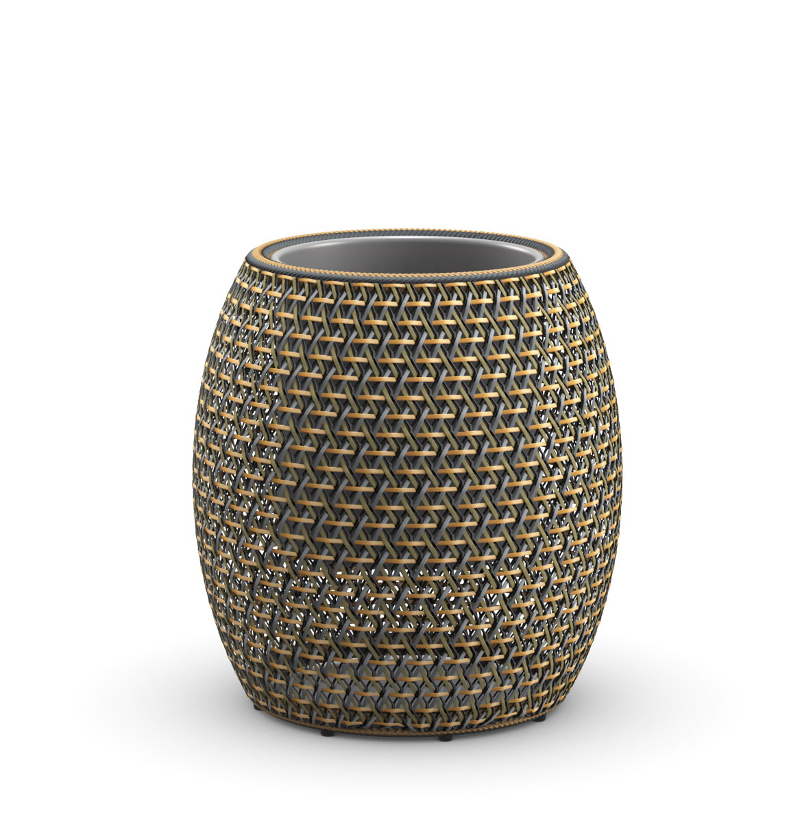 Dala Übertopf von Dedon, mittelgroßer Pflanztopf aus geflochtenem Kunststoff in Braun- und Grautönen.