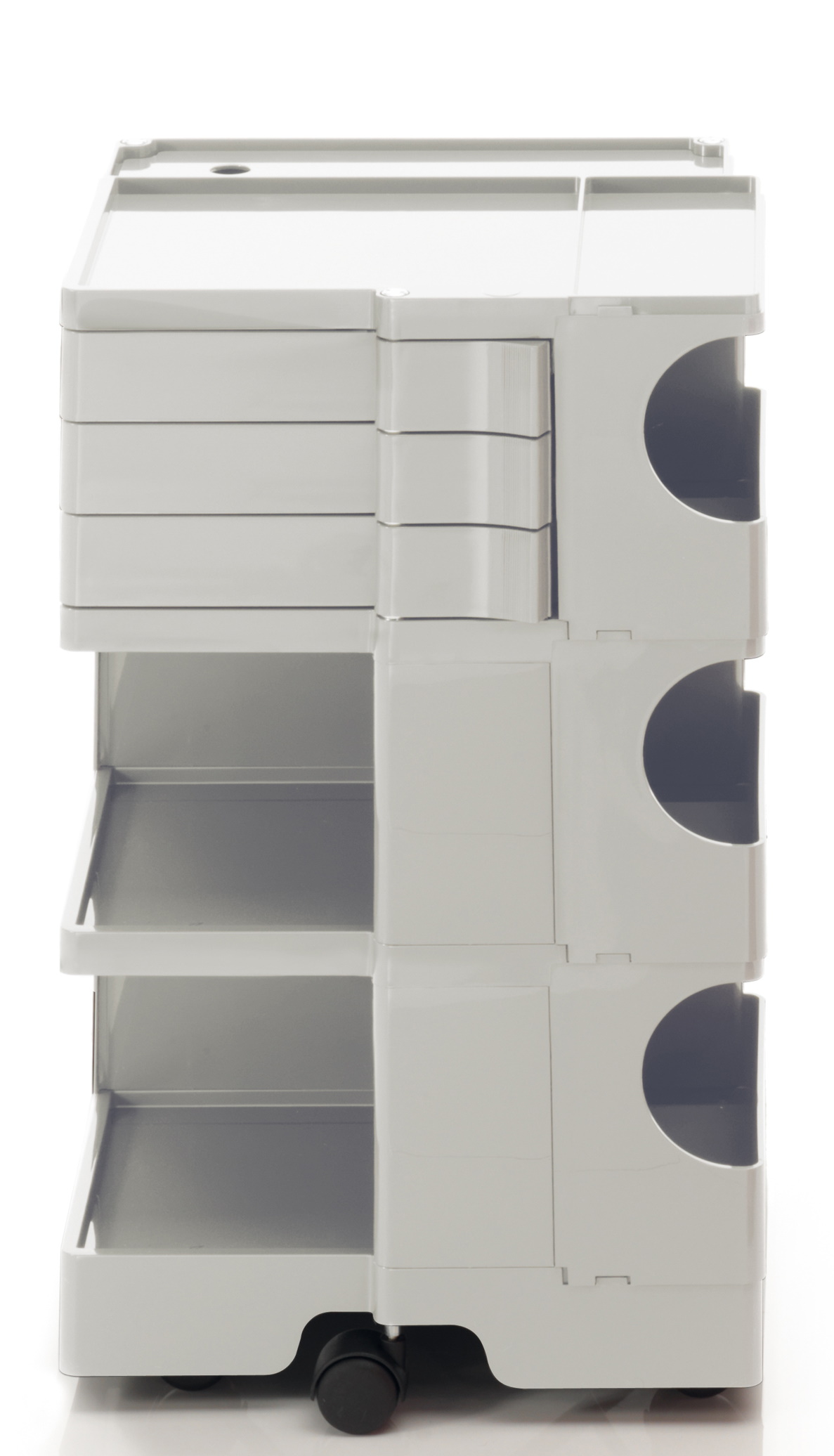 Grauer Boby Rollcontainer mit Schubladen, Ablagefächern und Rollen für Büro oder Werkstatt.