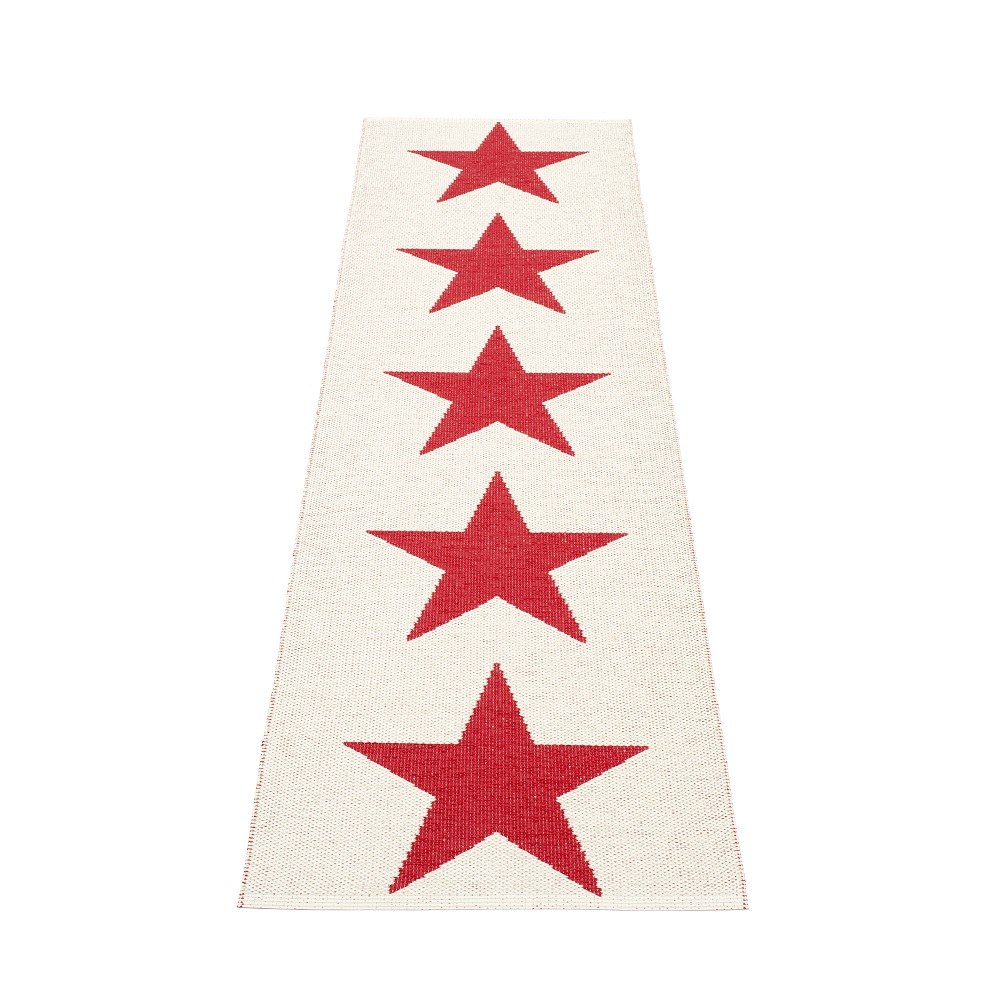 Viggo One Kunststoffteppich 70x250 cm Pappelina Rot mit fünf roten Sternen auf beigem Grund.