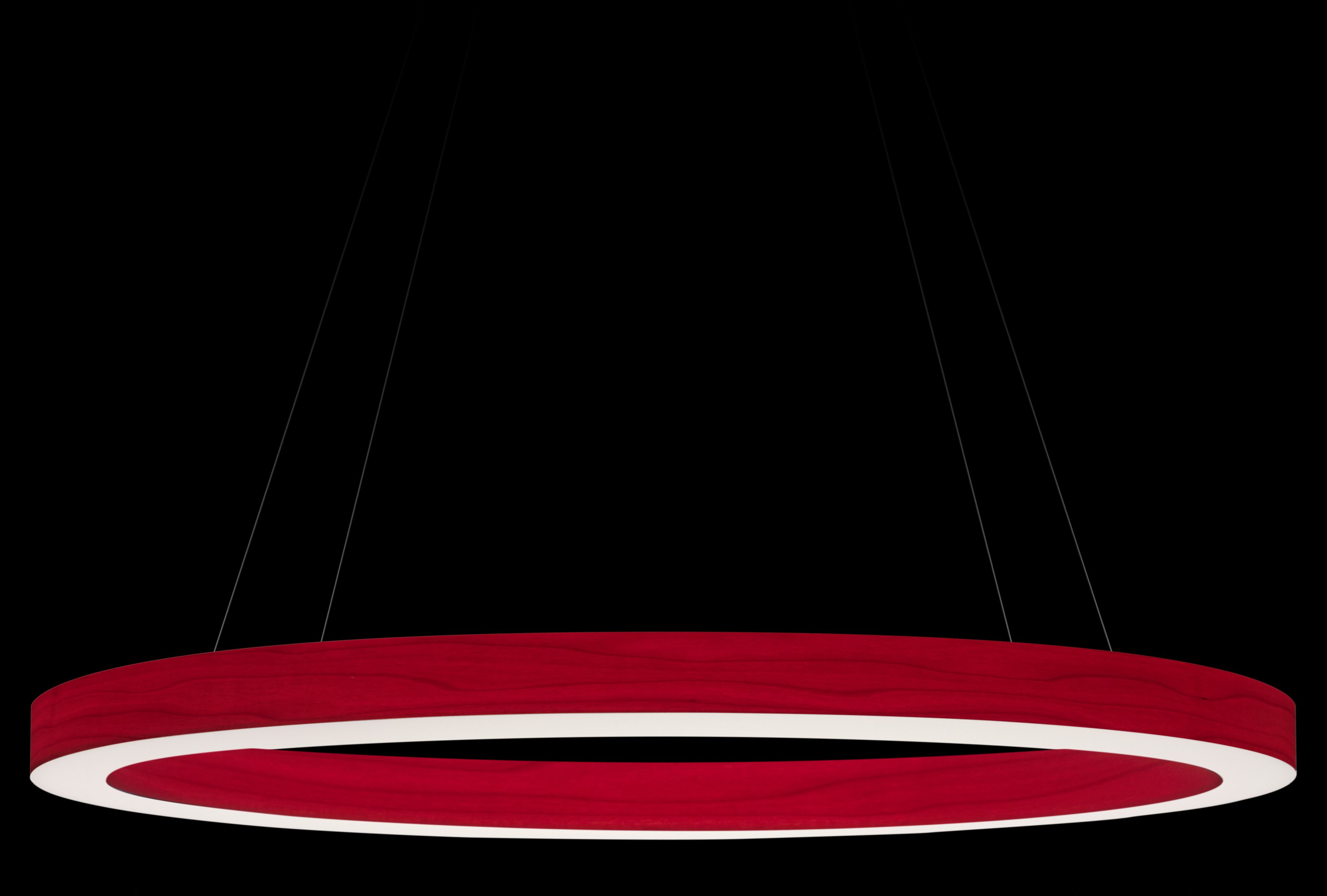 Rote Oh!-Line Pendelleuchte von LZF Lamps, ringförmige Hängelampe mit Holzfurnier und LED.