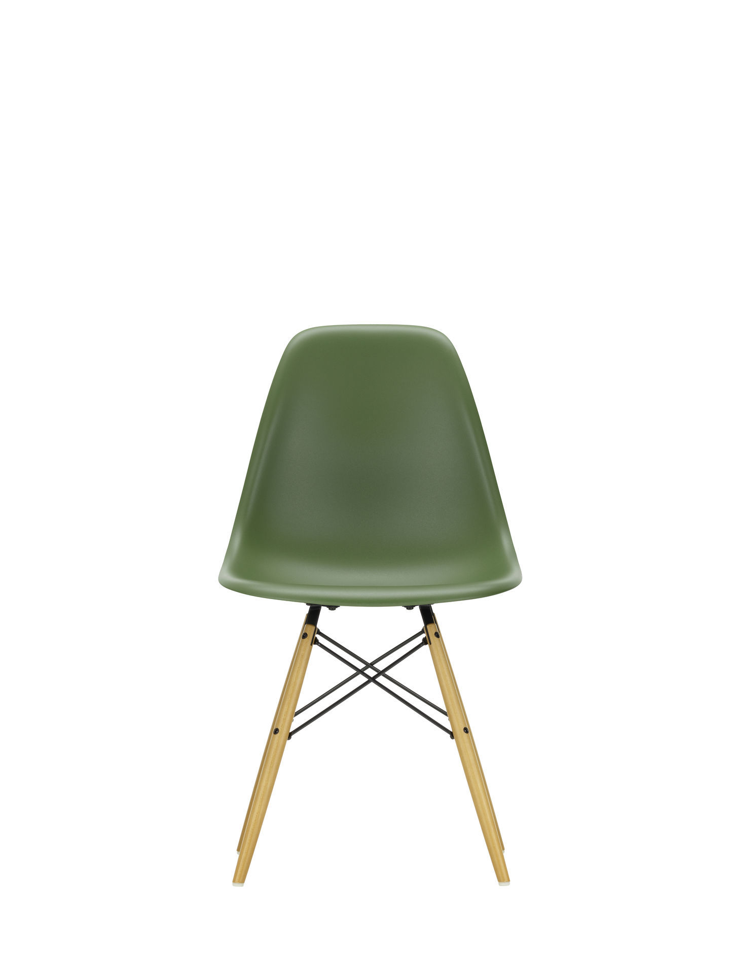 Eames Stuhl mit Ahorn-Gestell und eisgrauer Sitzschale von Vitra, Ansicht von vorne.