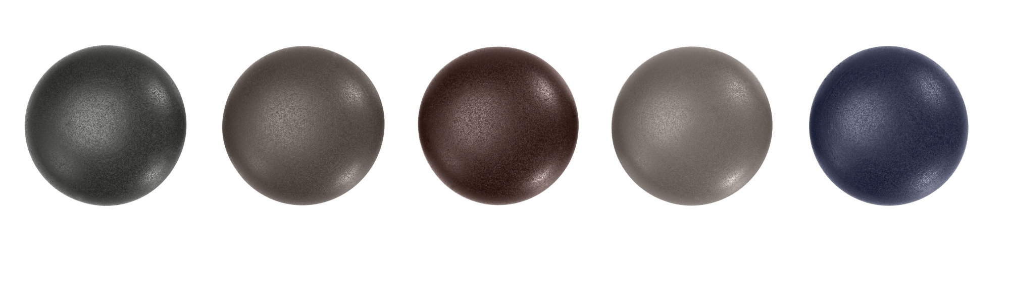 Fünf Magnet Dots in dunklen Farben: Anthrazit, Braun, Grau und Blau. Magnethalter für Büro und Zuhause.