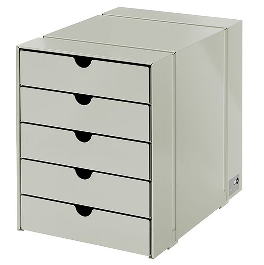 USM Haller Inos Kastenset C4 in Lichtgrau mit fünf geschlossenen Schalen für Büro und Zuhause.